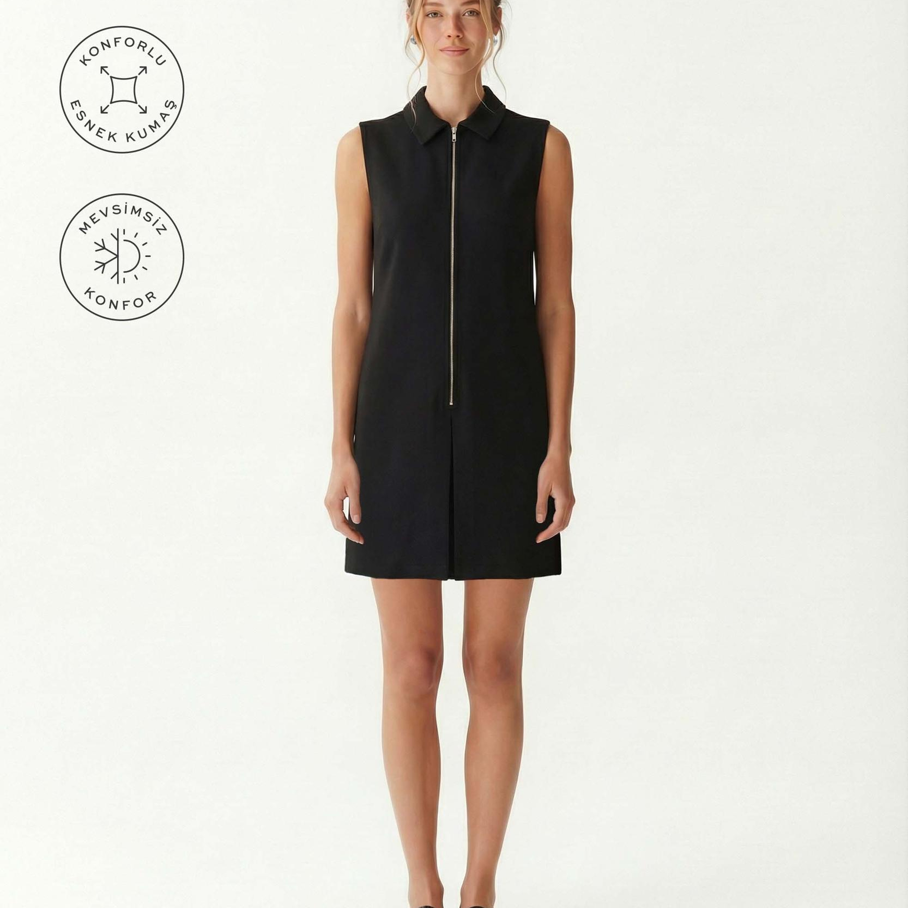 YARGICI Düz Gömlek Yaka Kolsuz Elbise