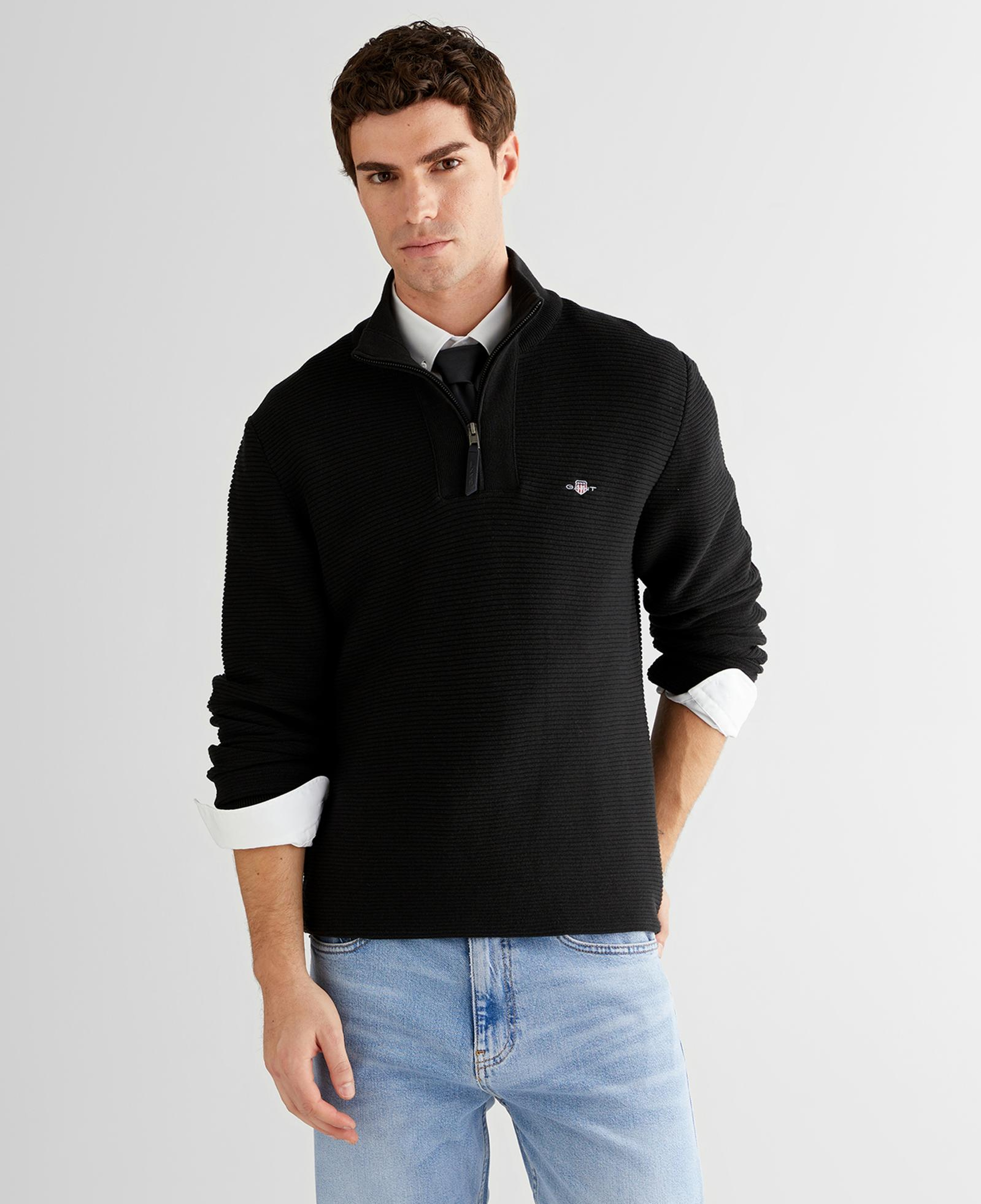 GANT Erkek Siyah Regular Fit Yarım Fermuarlı Triko