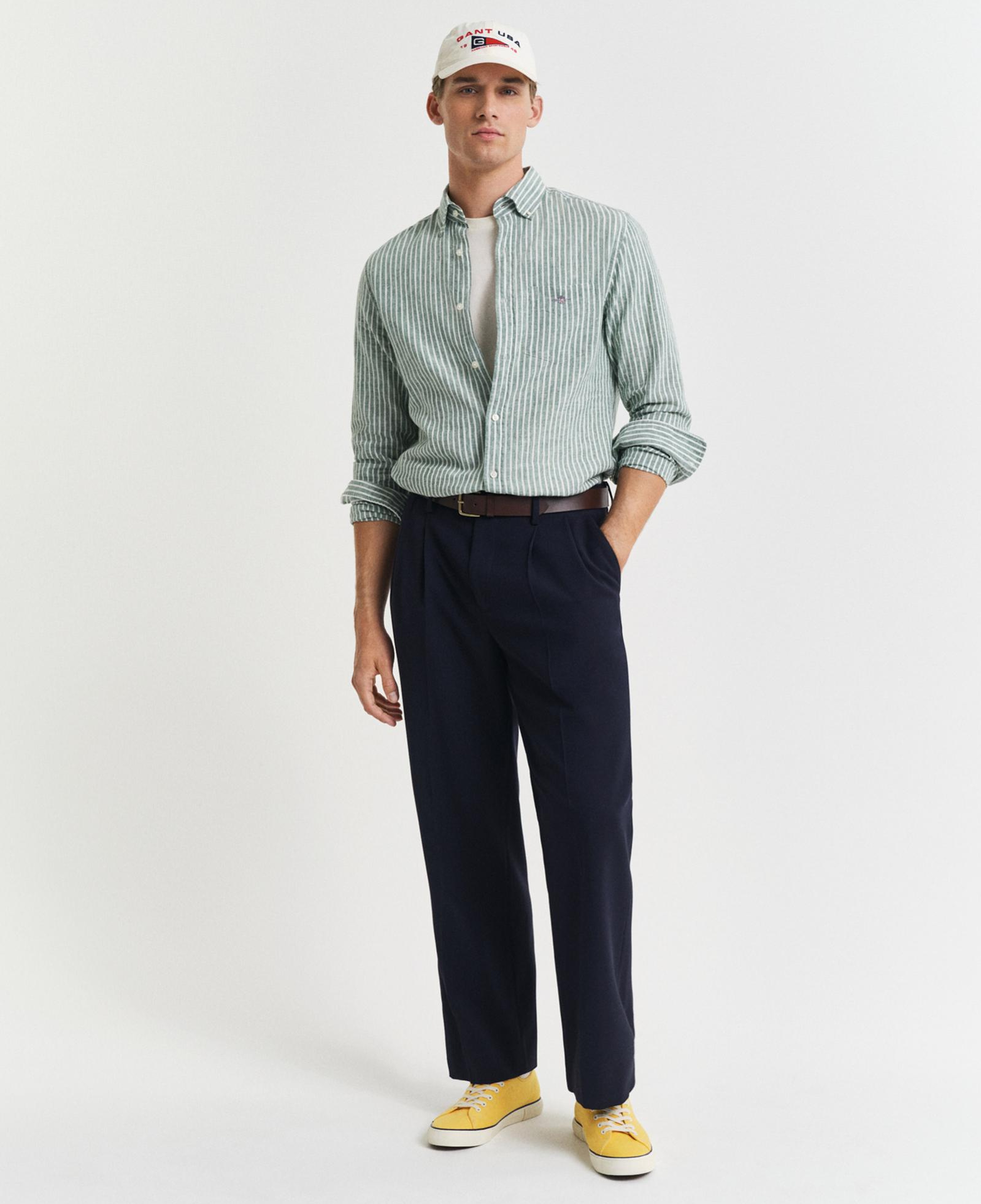 GANT Erkek Yeşil Regular Fit Düğmeli Yaka Çizgili Keten Gömlek