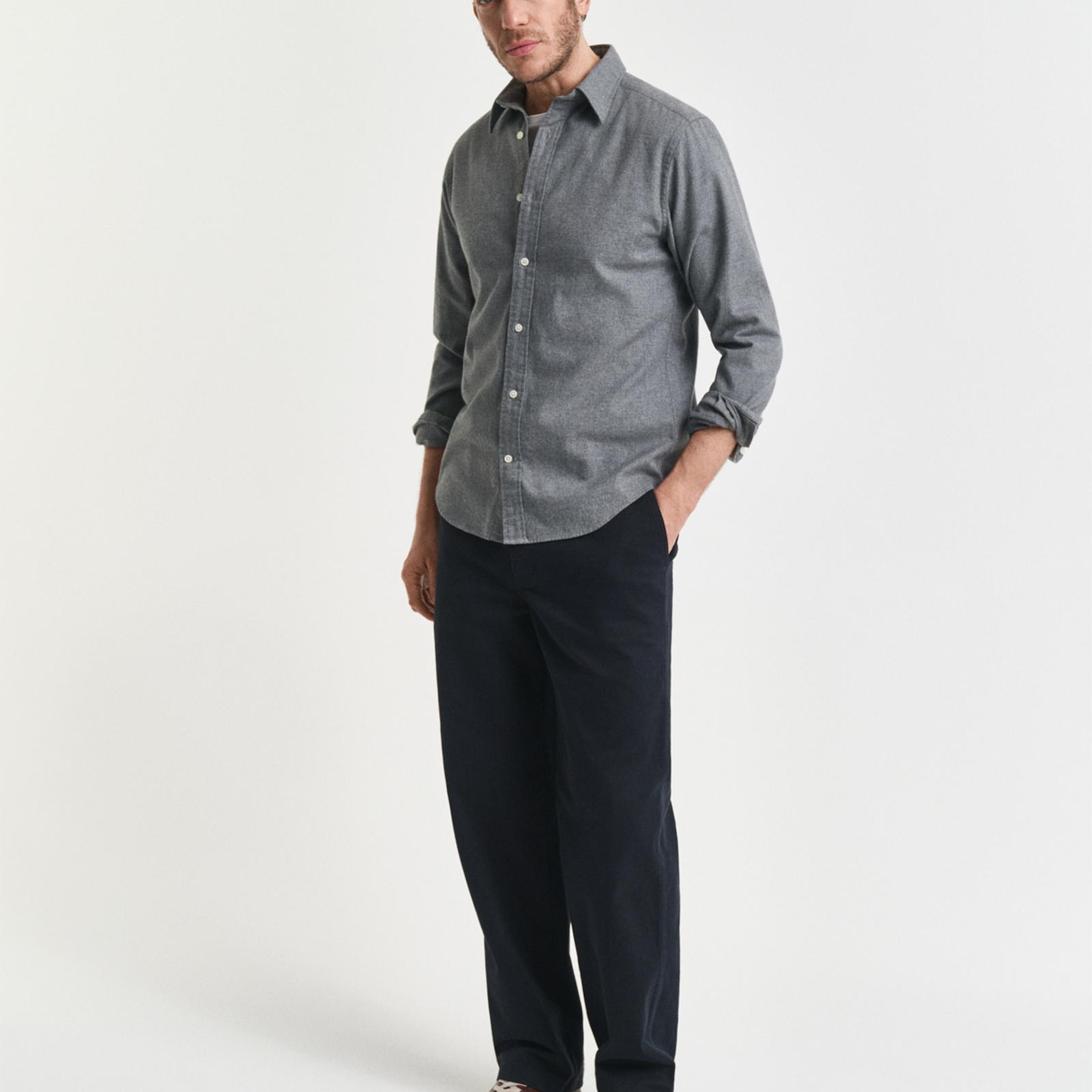 GANT Erkek Gri Regular Fit Bisiklet Yaka Gömlek