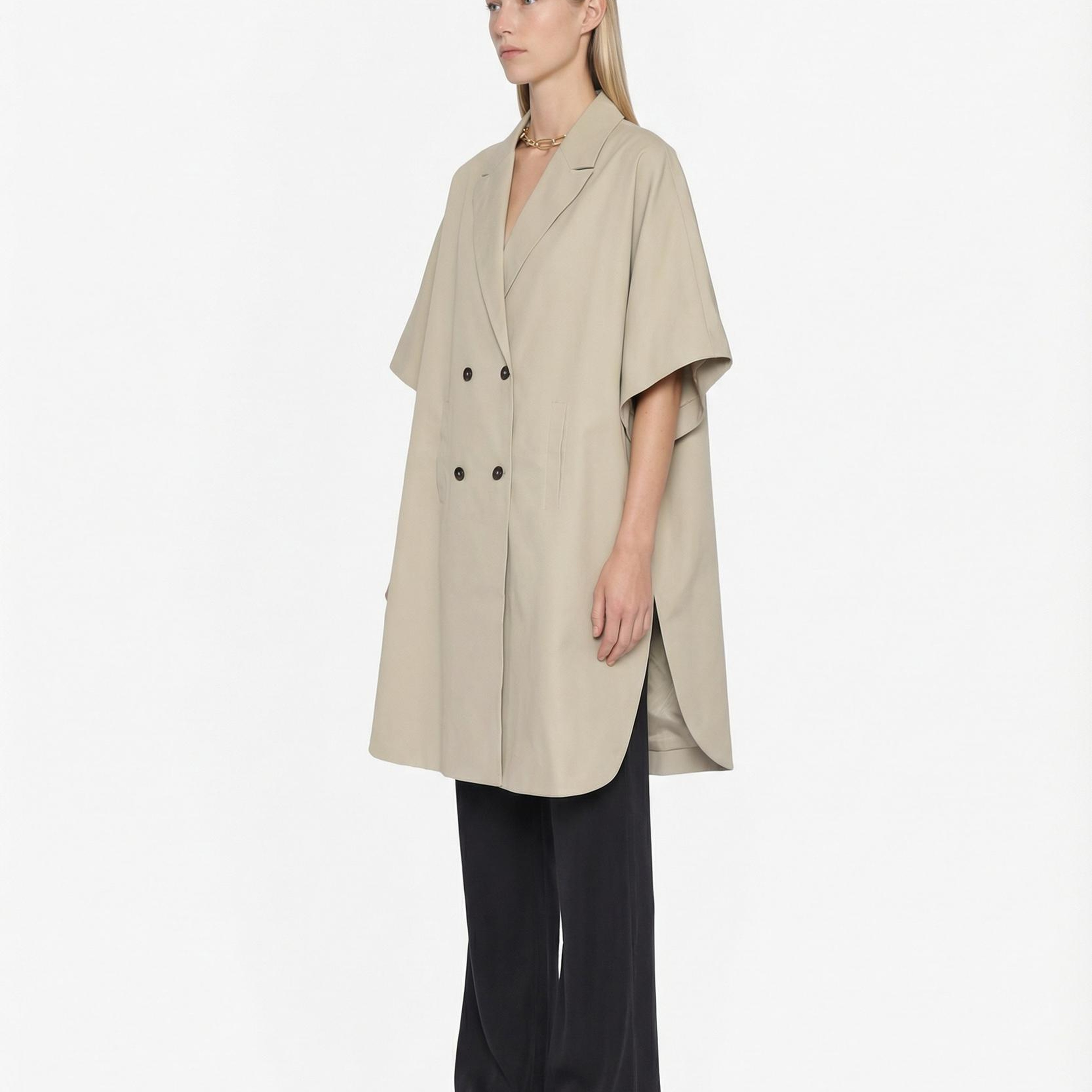 YARGICI Geniş Ceket Yaka Kısa Kol Pardösü