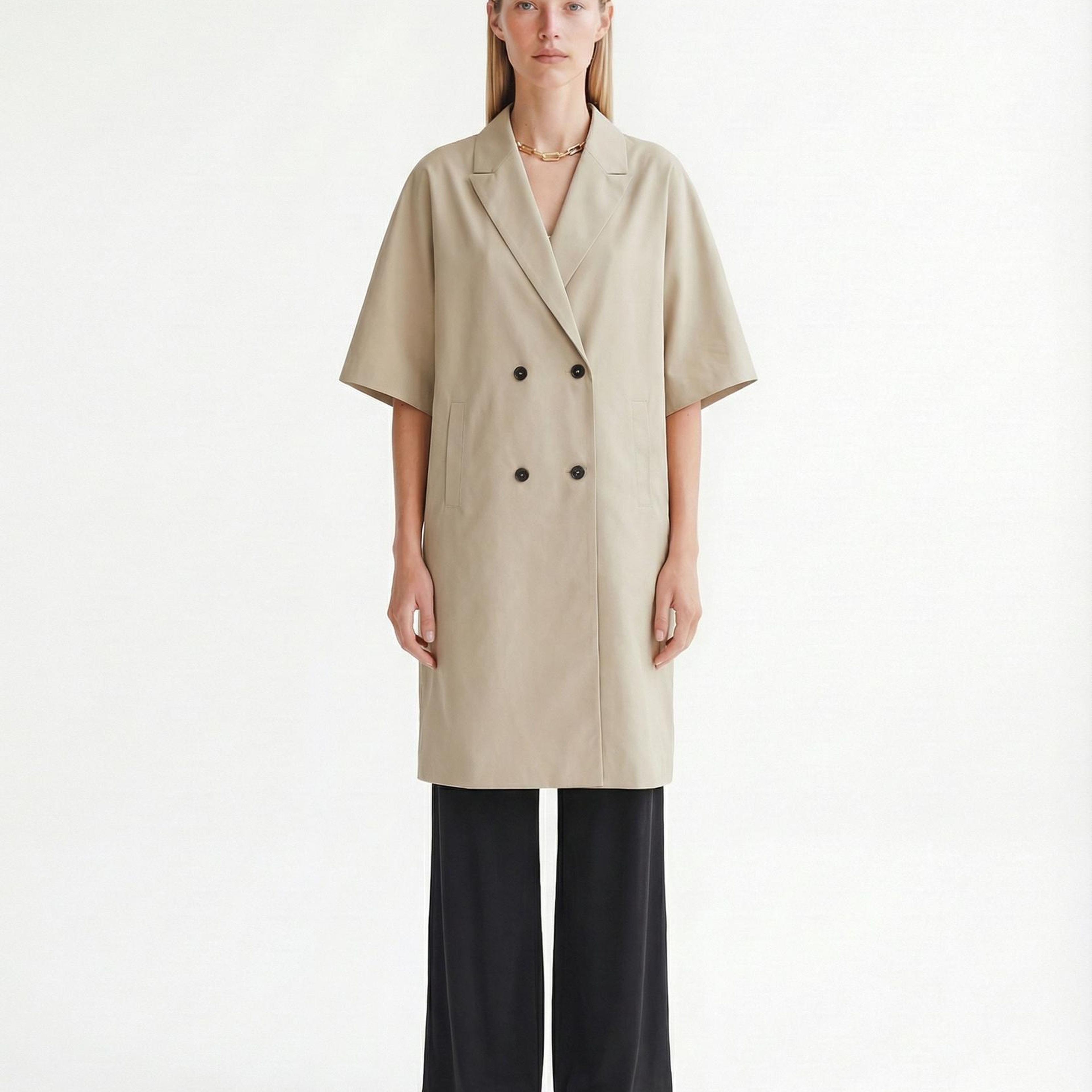 YARGICI Geniş Ceket Yaka Kısa Kol Pardösü