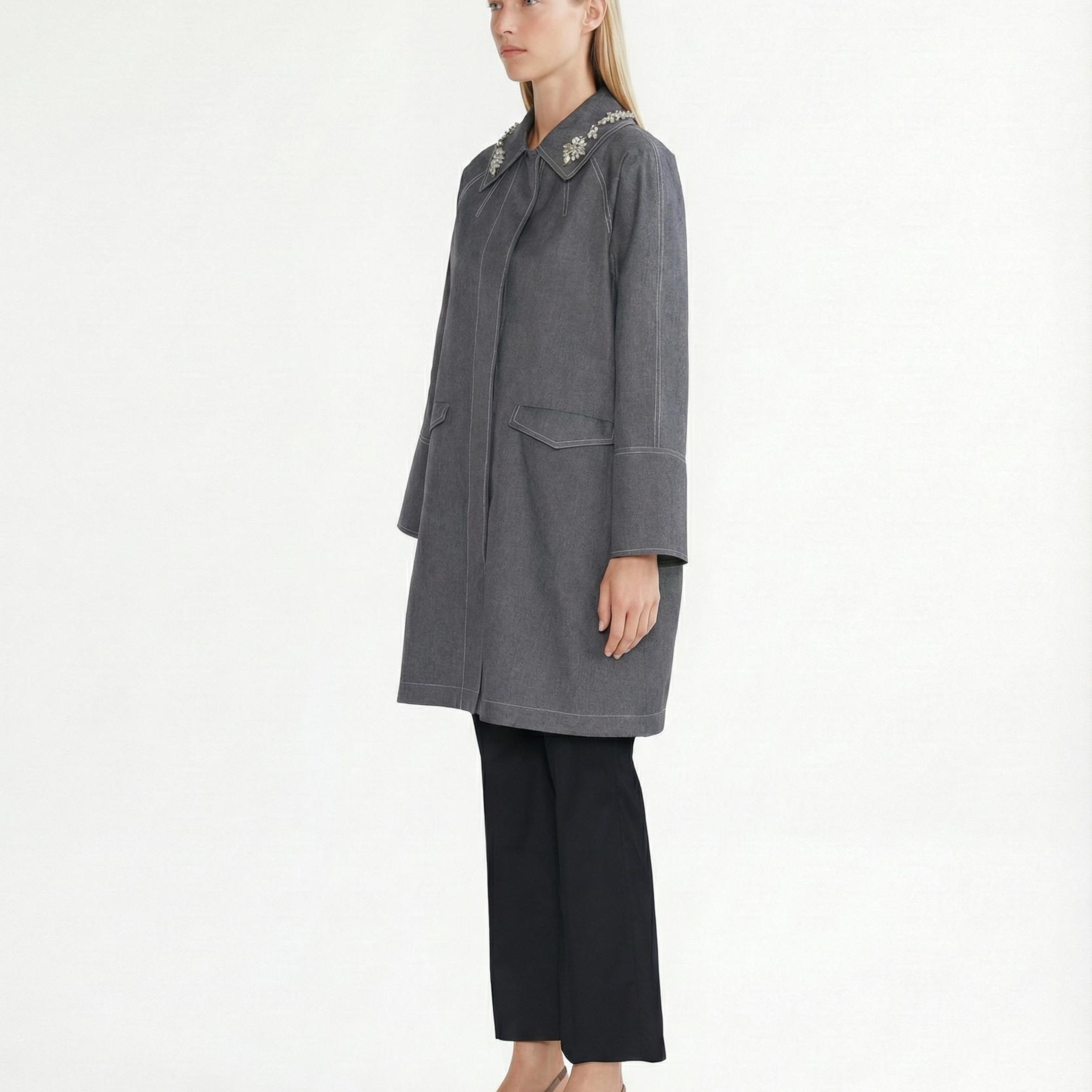 YARGICI Geniş Gömlek Yaka Uzun Kol Pardösü