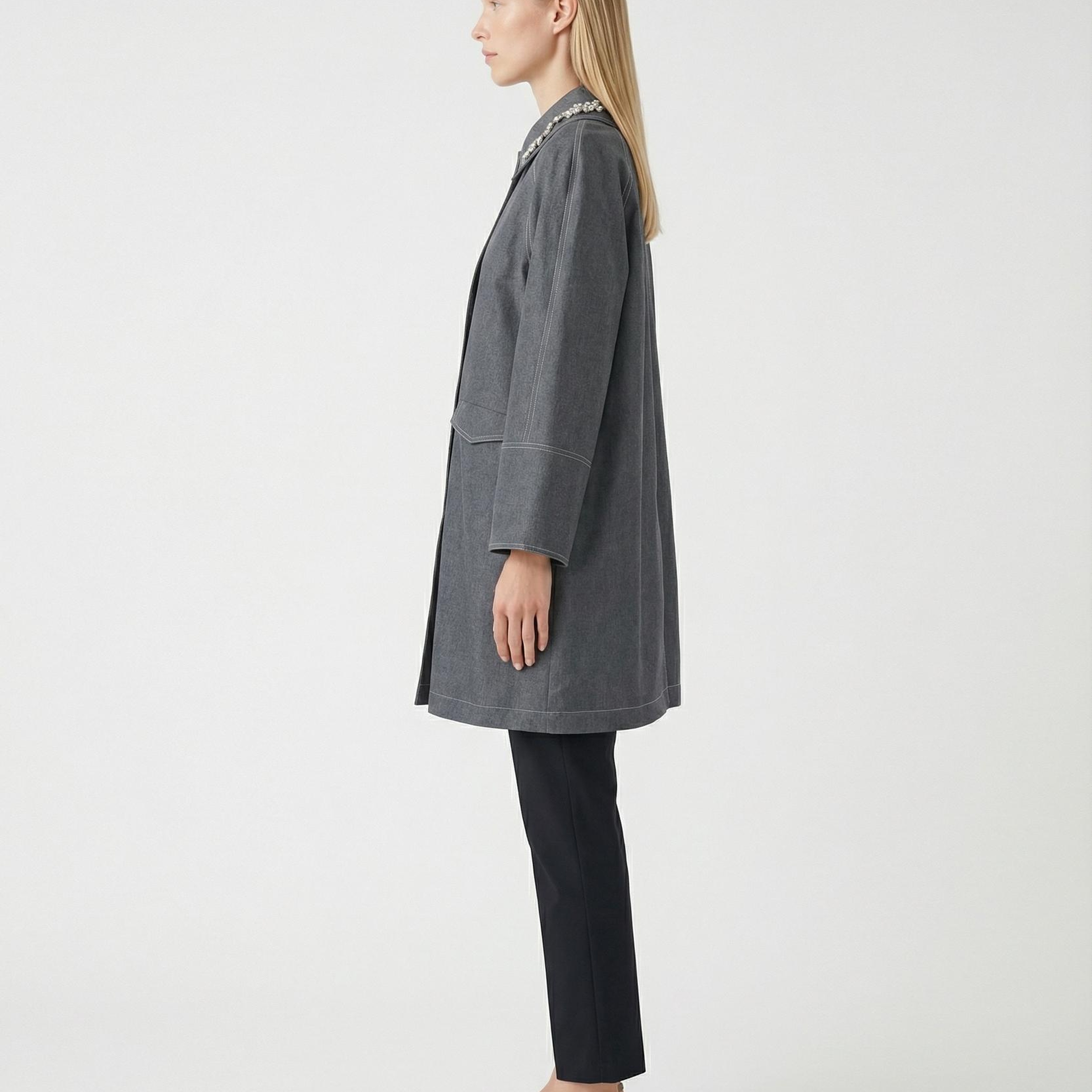 YARGICI Geniş Gömlek Yaka Uzun Kol Pardösü