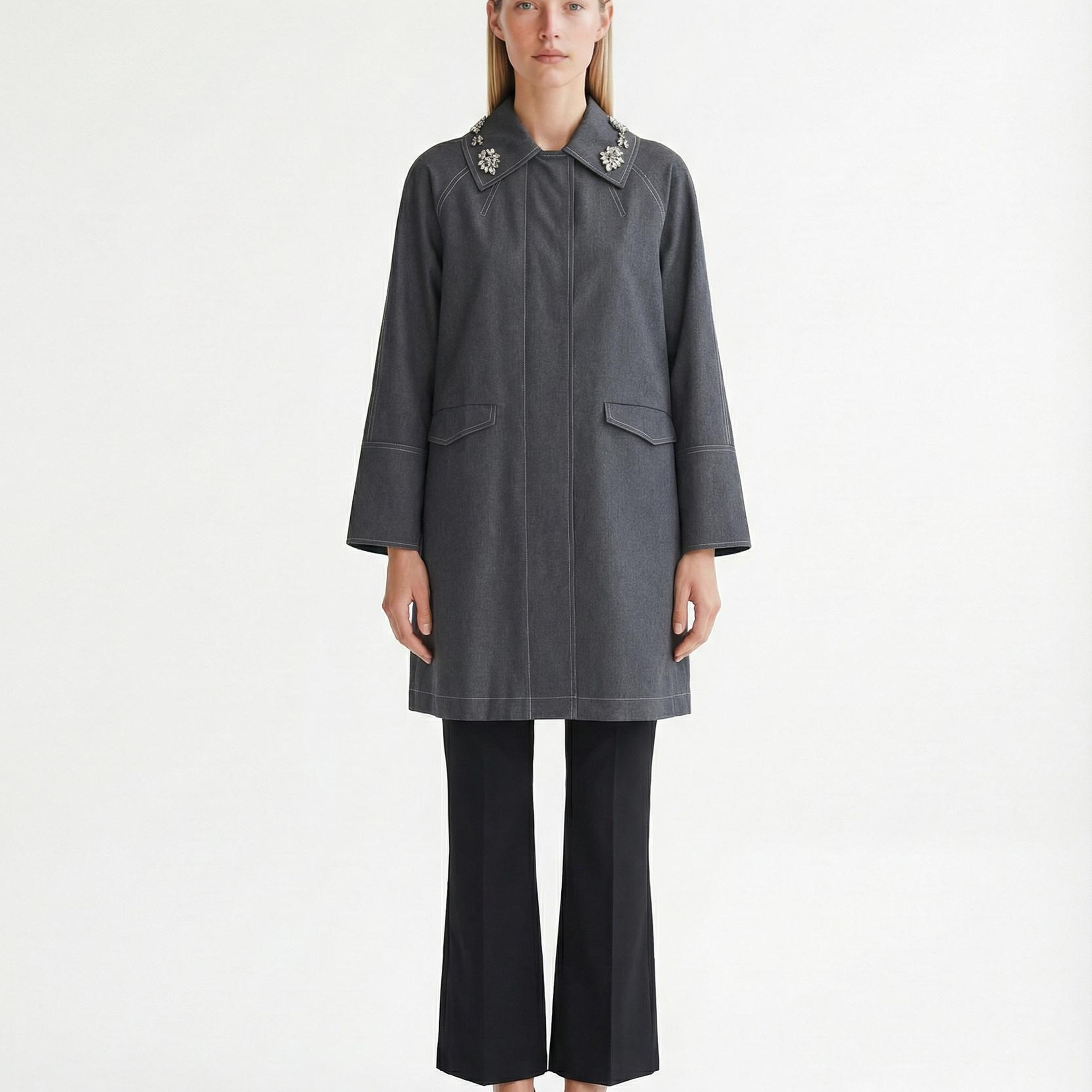 YARGICI Geniş Gömlek Yaka Uzun Kol Pardösü