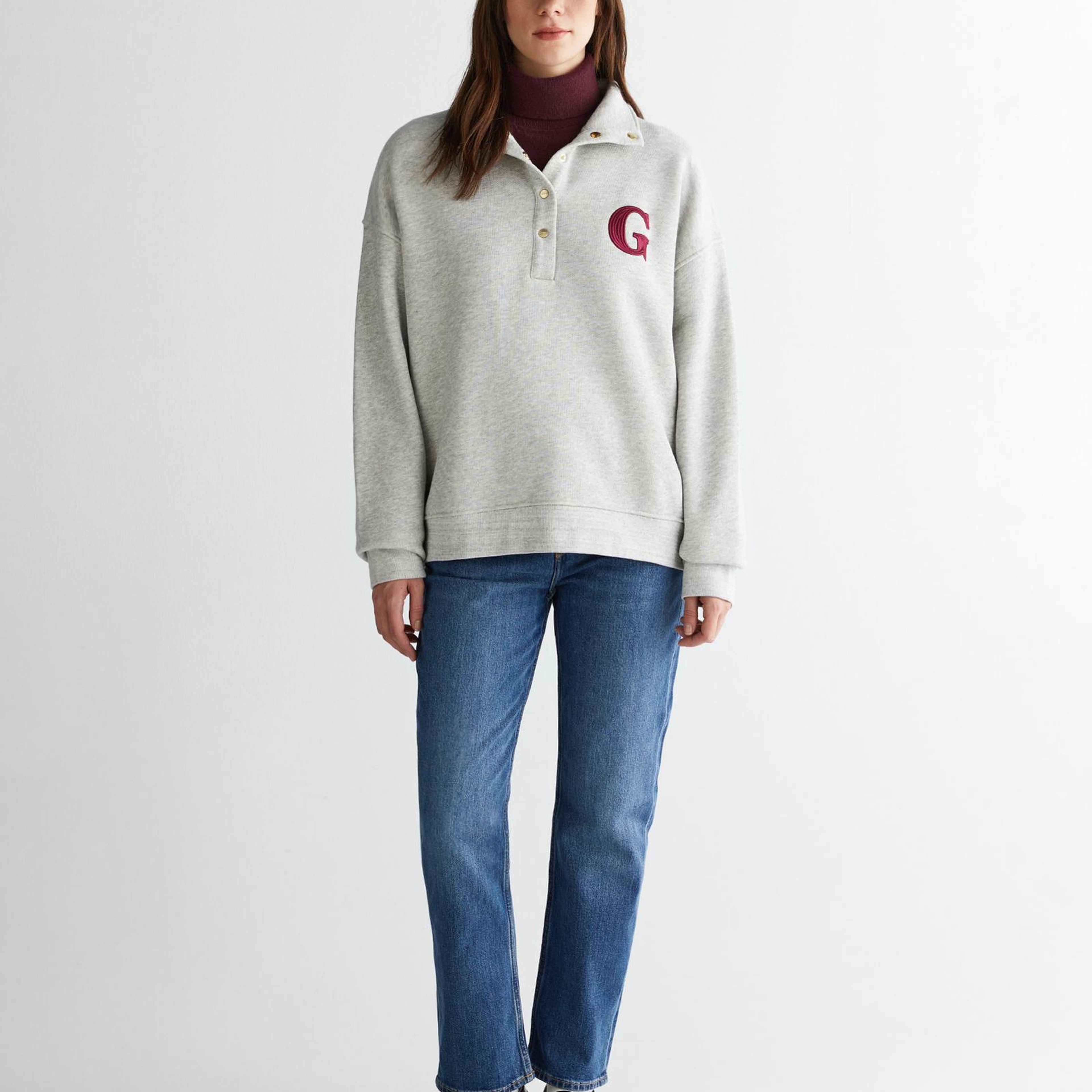 GANT Kadın Gri Relaxed Fit Düğmeli Yaka Sweatshirt