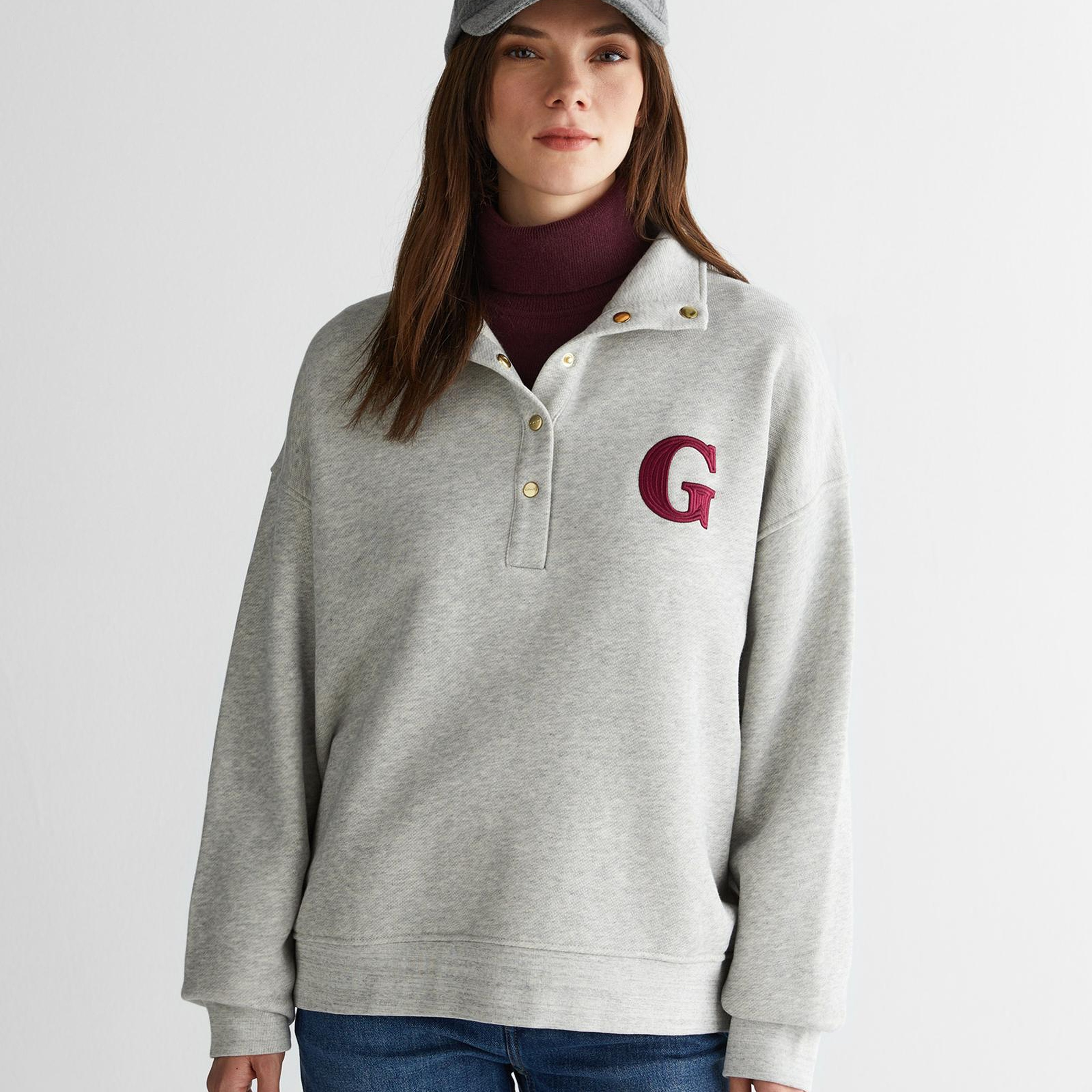 GANT Kadın Gri Relaxed Fit Düğmeli Yaka Sweatshirt