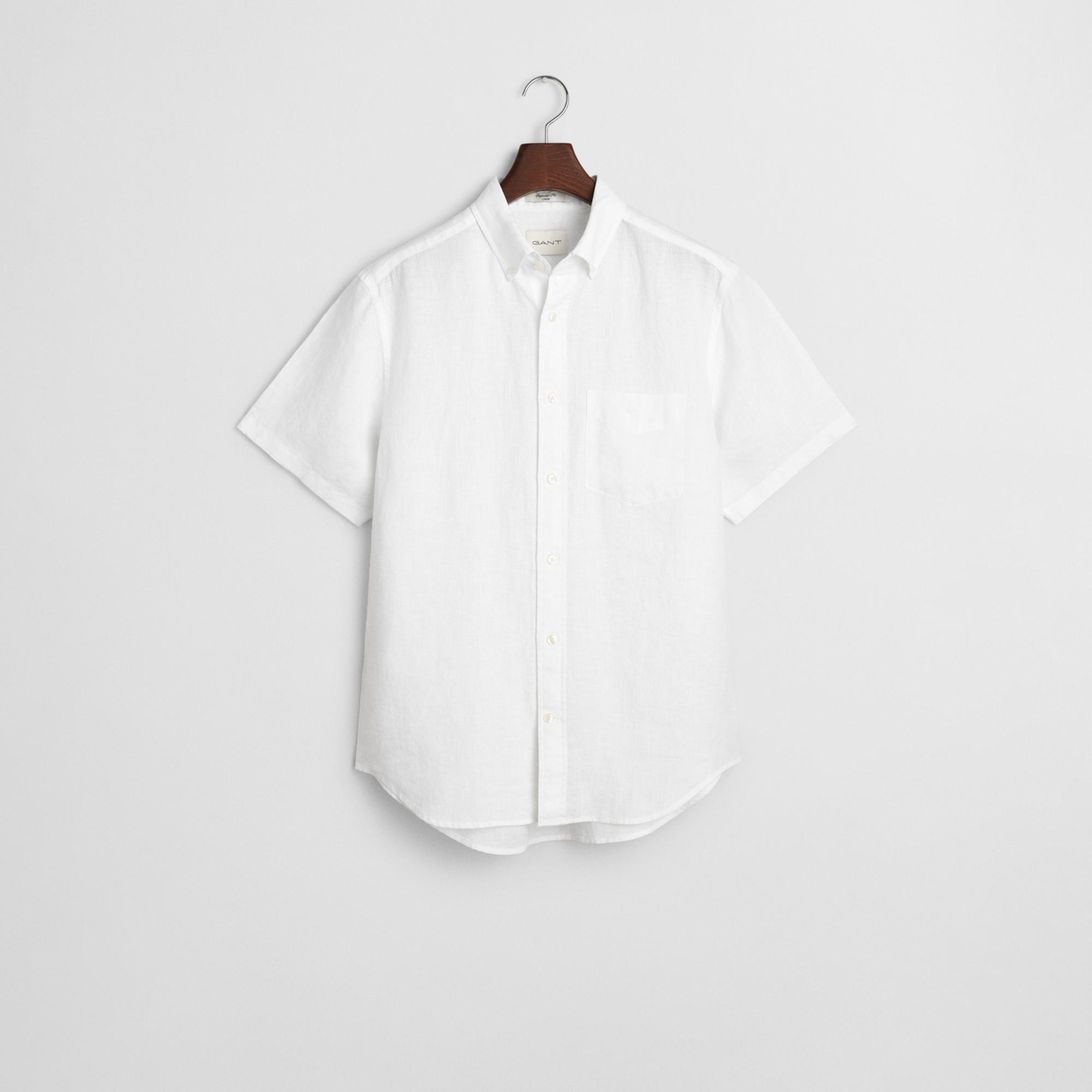 GANT Erkek Beyaz Regular Fit Düğmeli Yaka Keten Gömlek