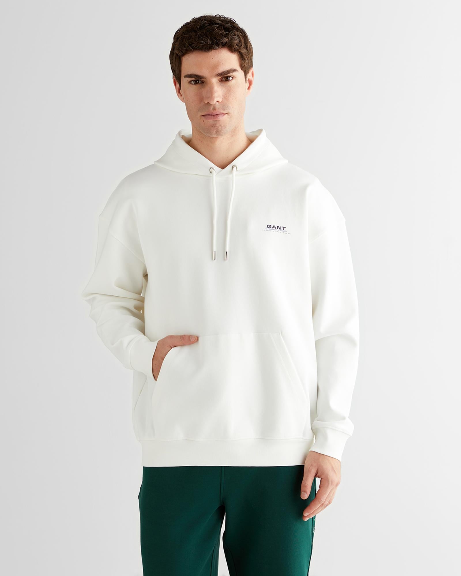 GANT Erkek Beyaz Regular Fit Kapüşonlu Sweatshirt