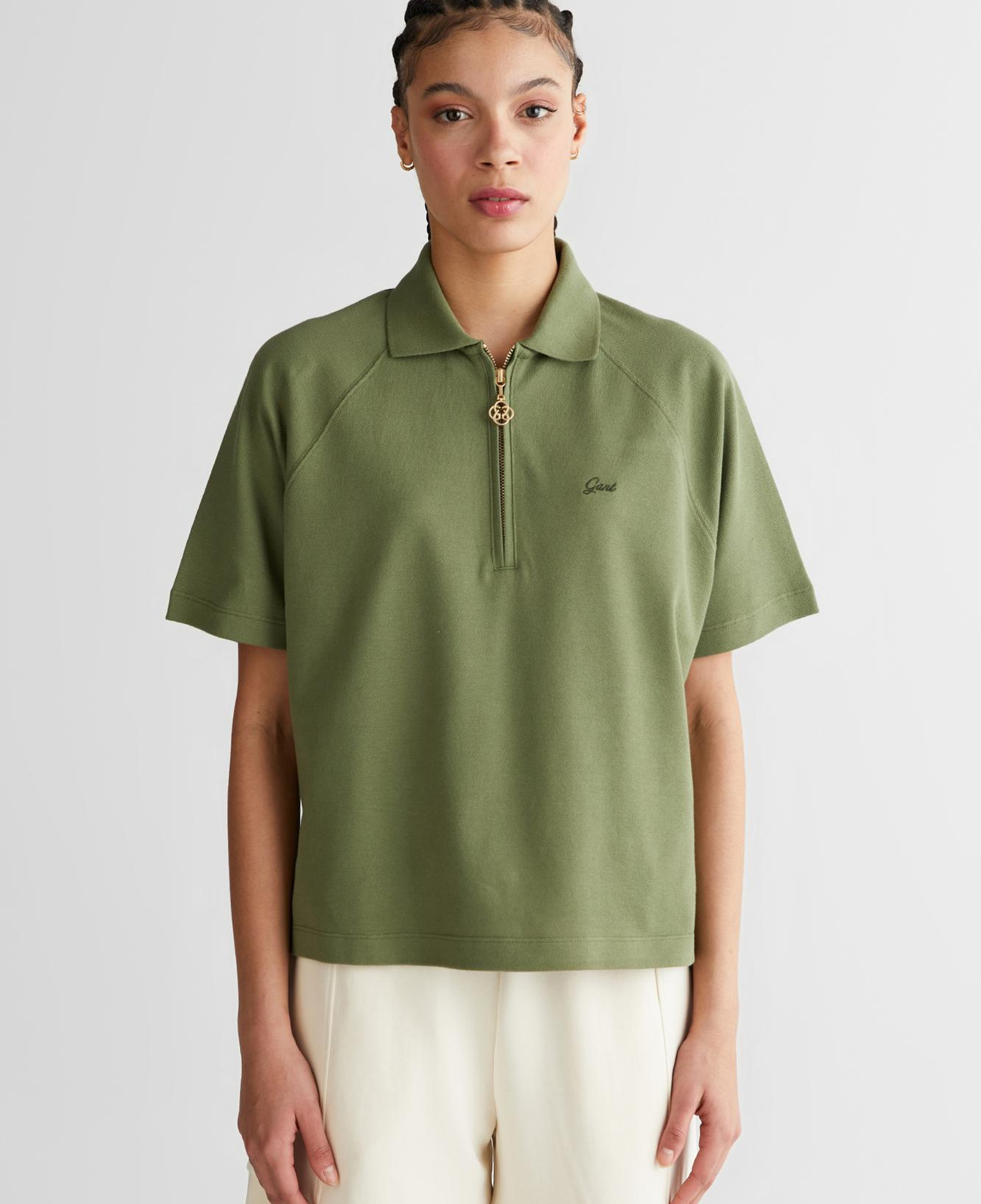 GANT Kadın Yeşil Regular Fit Yarım Fermuarlı Polo Yaka T-Shirt