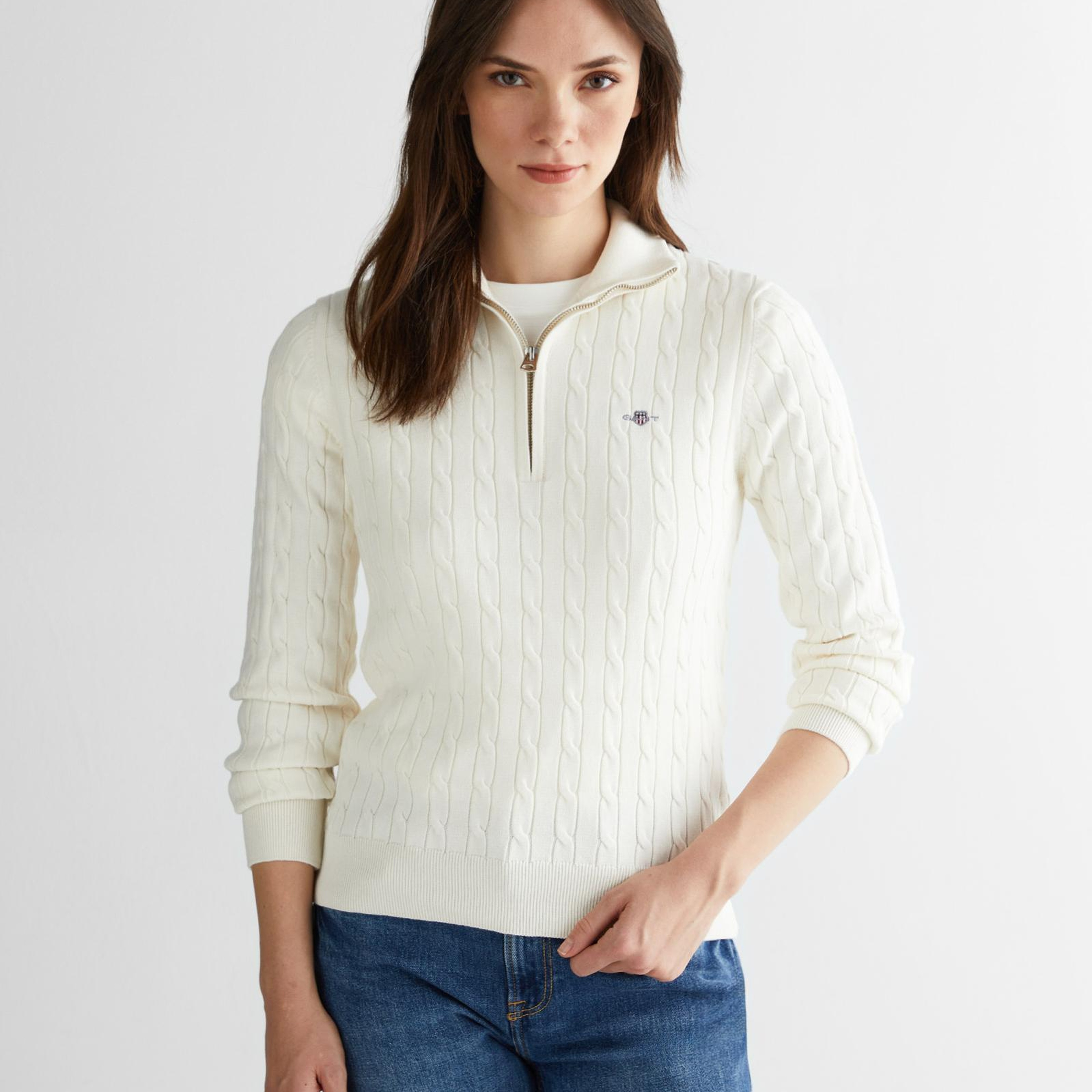 GANT Kadın Beyaz Regular Fit Yarım Fermuarlı Triko
