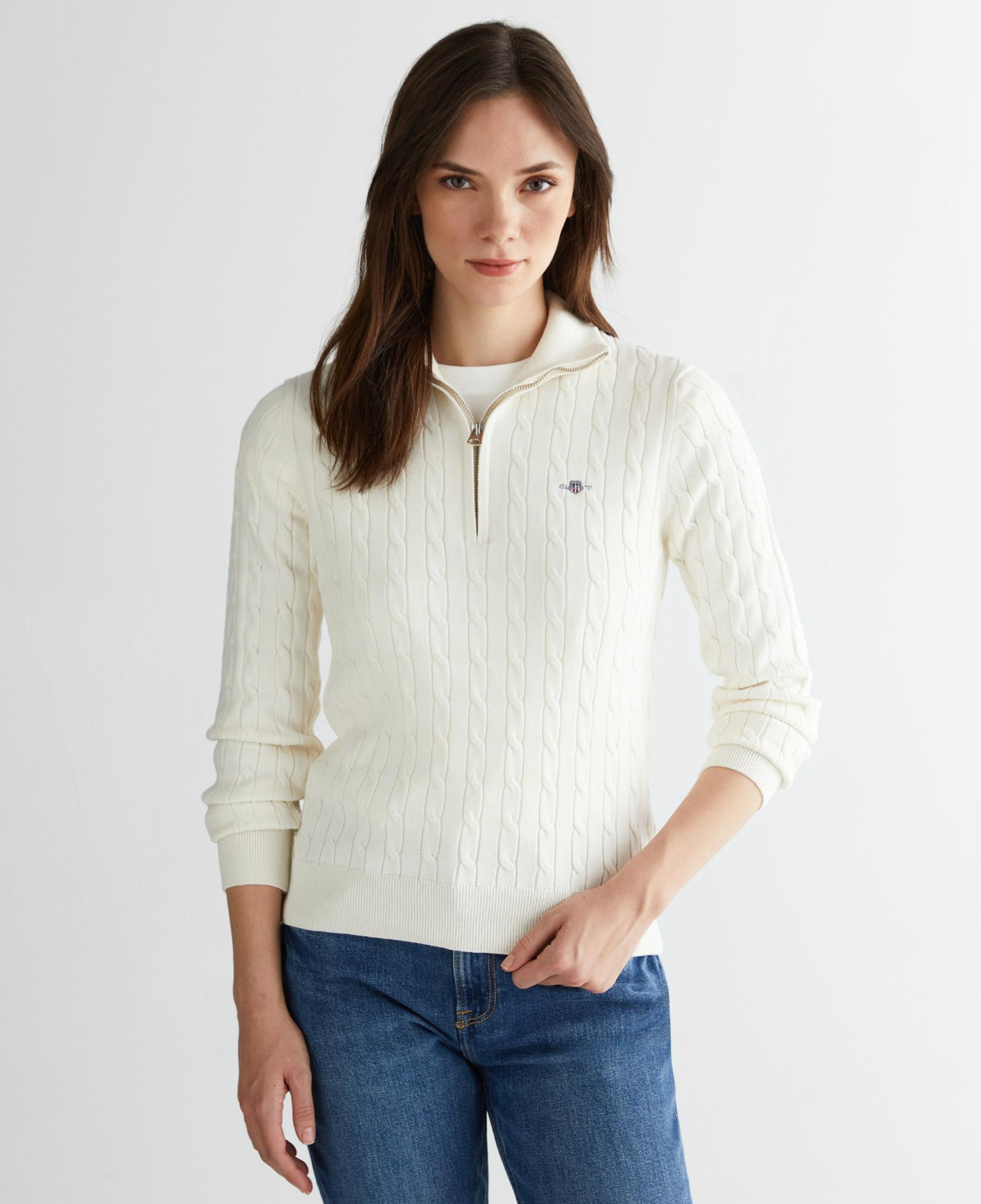 GANT Kadın Beyaz Regular Fit Yarım Fermuarlı Triko