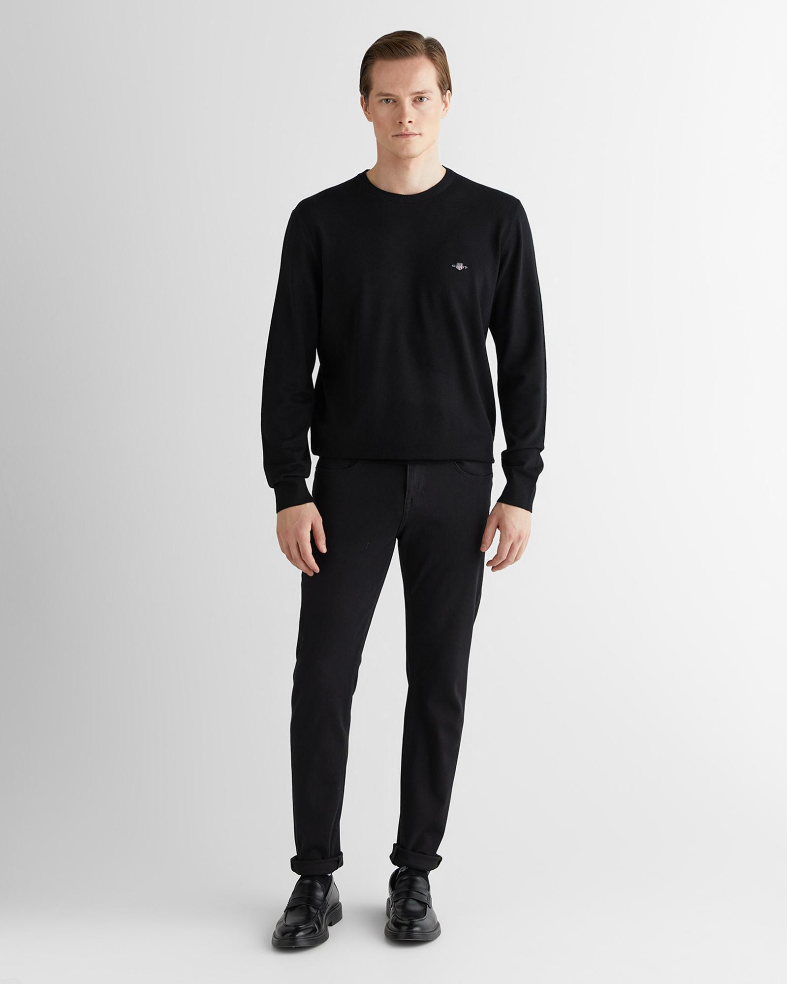 GANT Erkek Siyah Standart Fit Bisiklet Yaka Triko