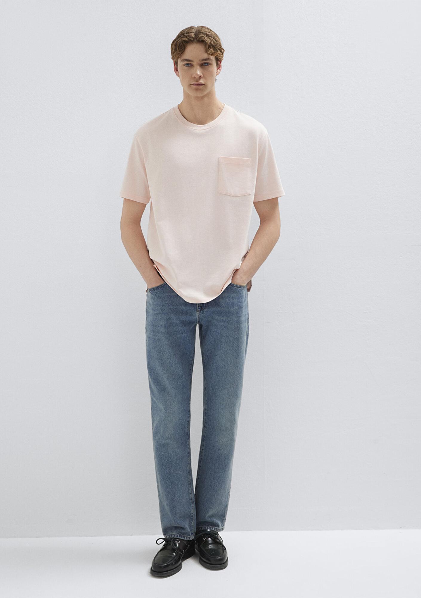 Mavi Cep Detaylı Pembe Tişört Loose Fit / Bol Rahat Kesim 066248-91467