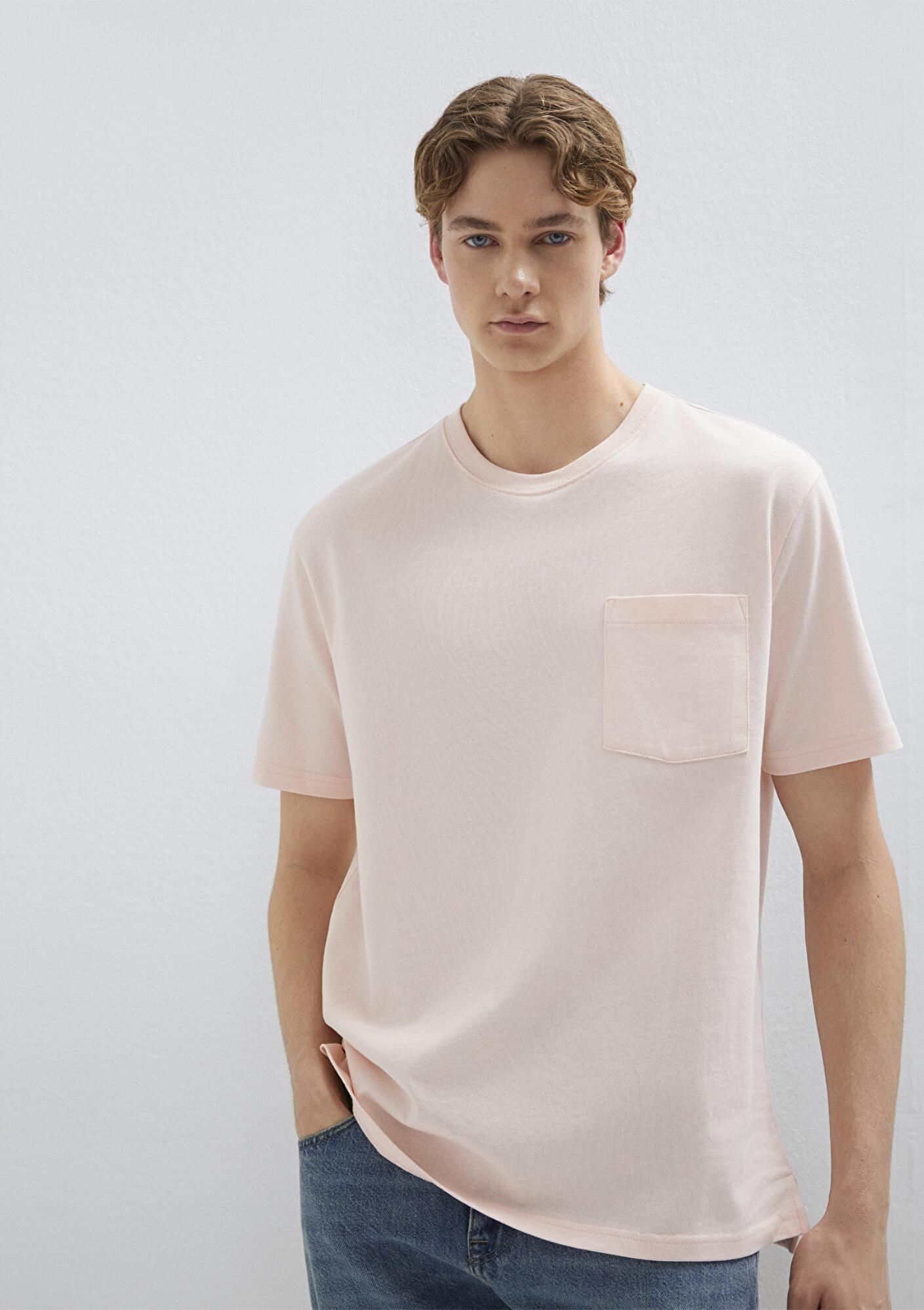 Mavi Cep Detaylı Pembe Tişört Loose Fit / Bol Rahat Kesim 066248-91467