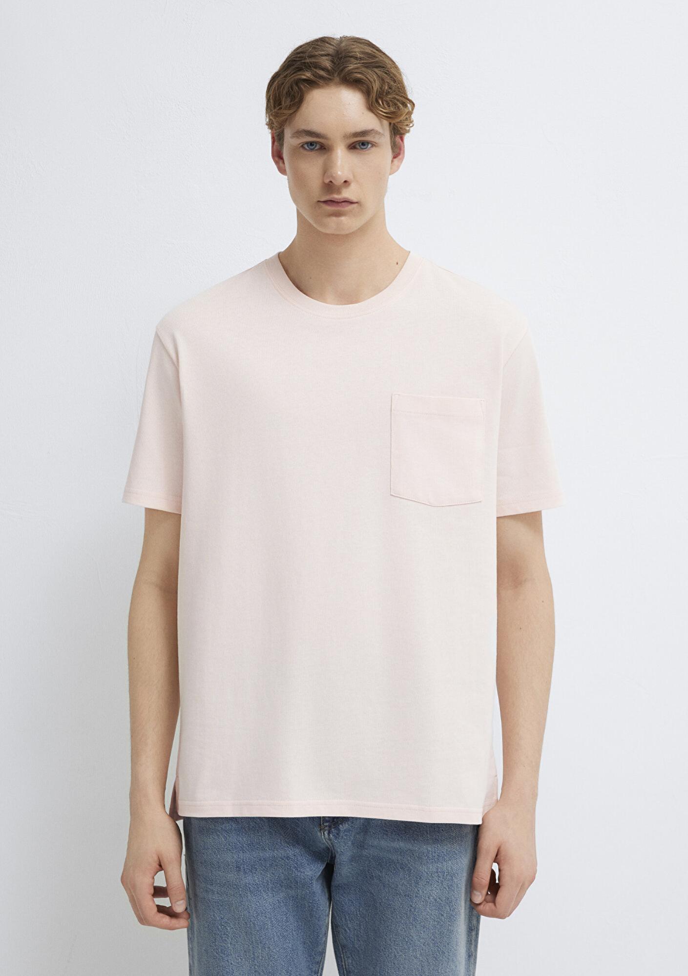 Mavi Cep Detaylı Pembe Tişört Loose Fit / Bol Rahat Kesim 066248-91467