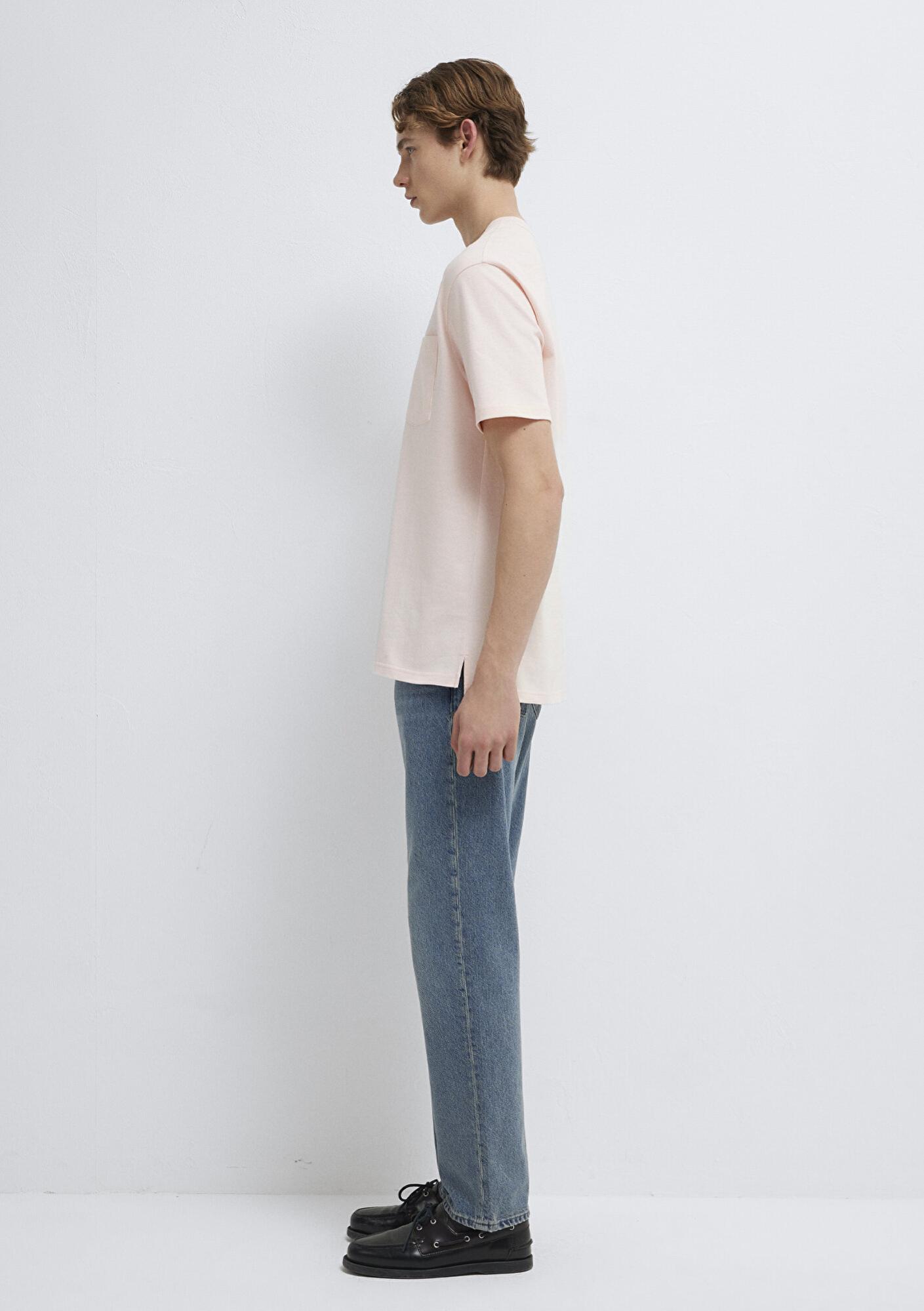 Mavi Cep Detaylı Pembe Tişört Loose Fit / Bol Rahat Kesim 066248-91467