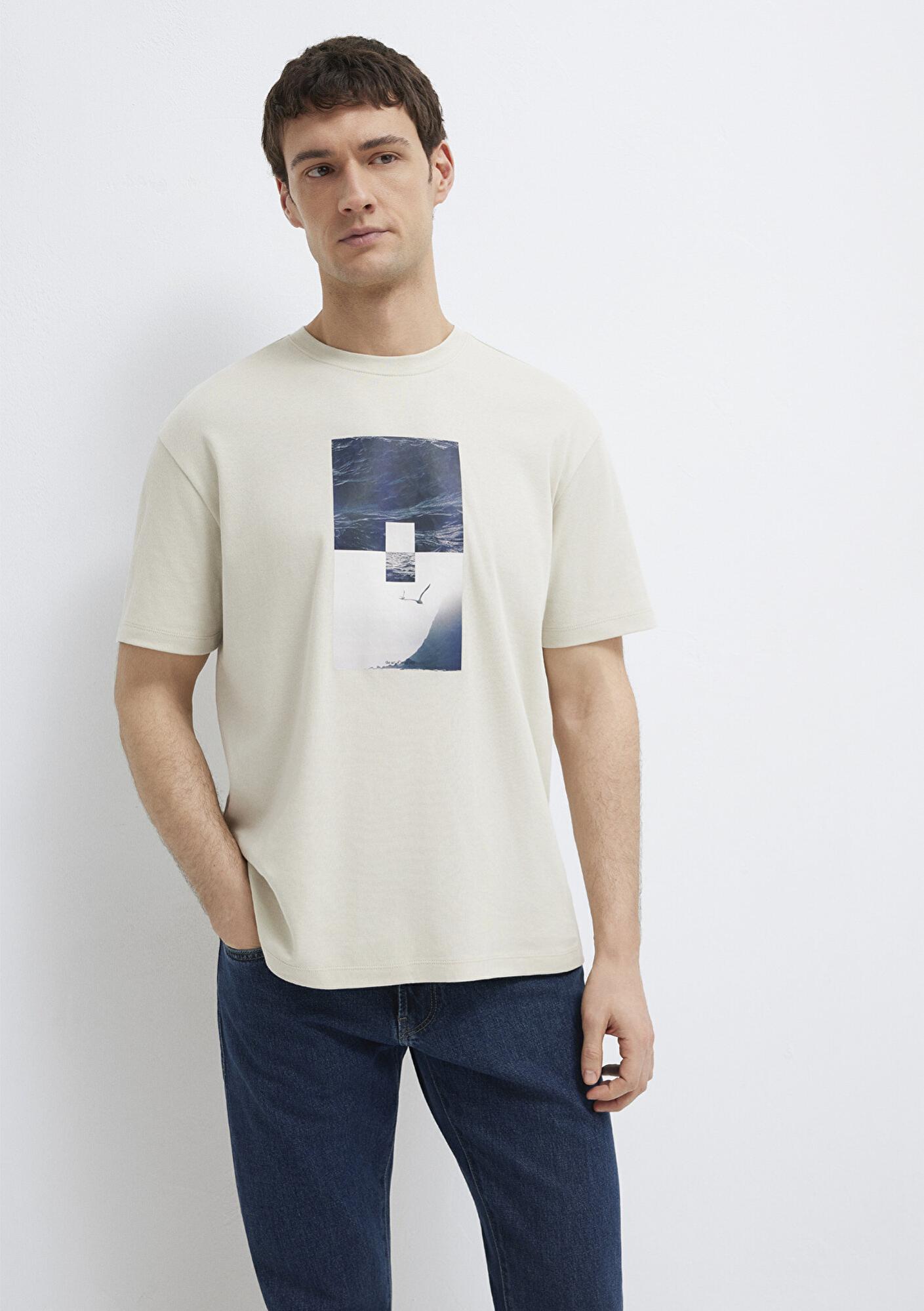 Mavi Baskılı Bej Tişört Loose Fit / Bol Rahat Kesim 0613601-70144