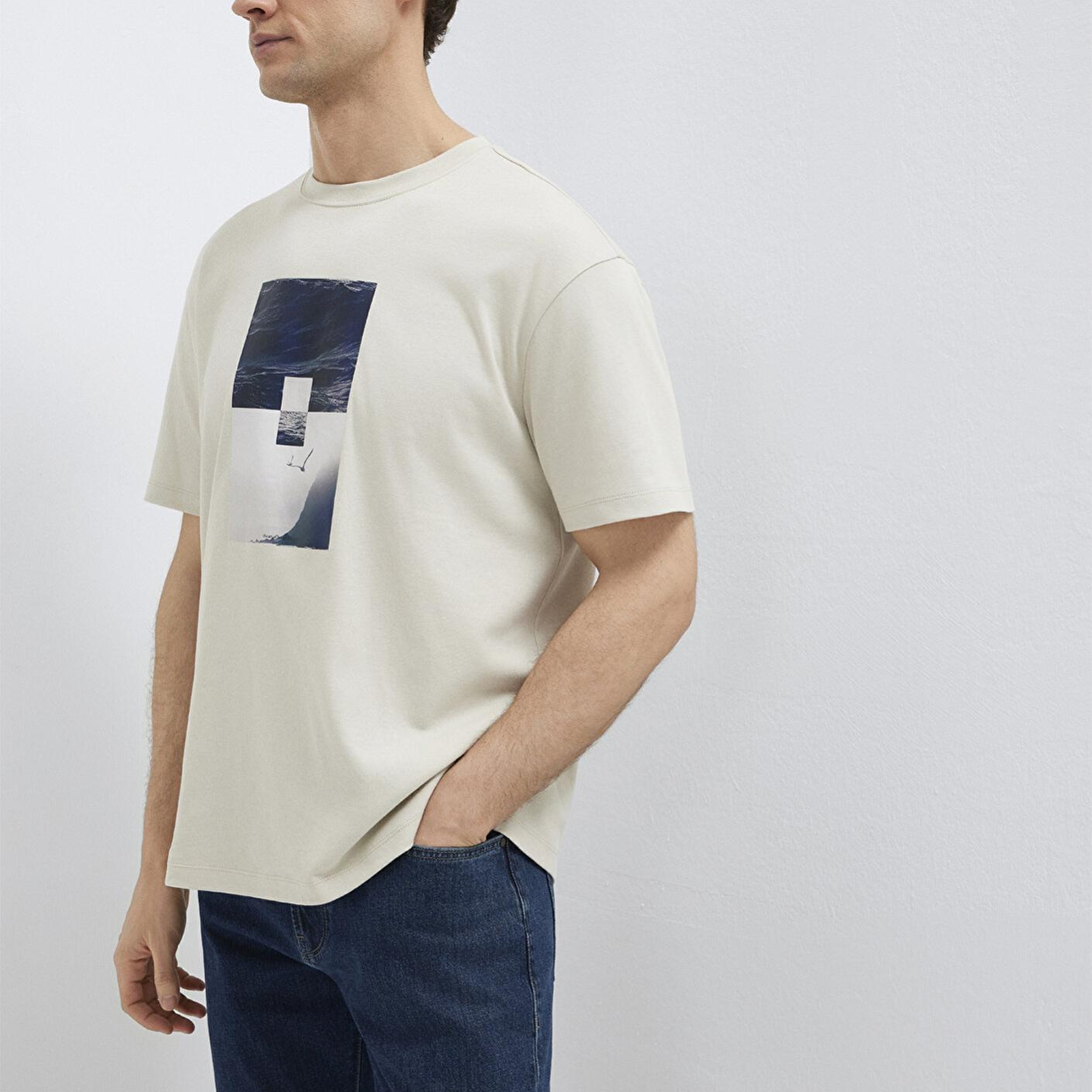 Mavi Baskılı Bej Tişört Loose Fit / Bol Rahat Kesim 0613601-70144