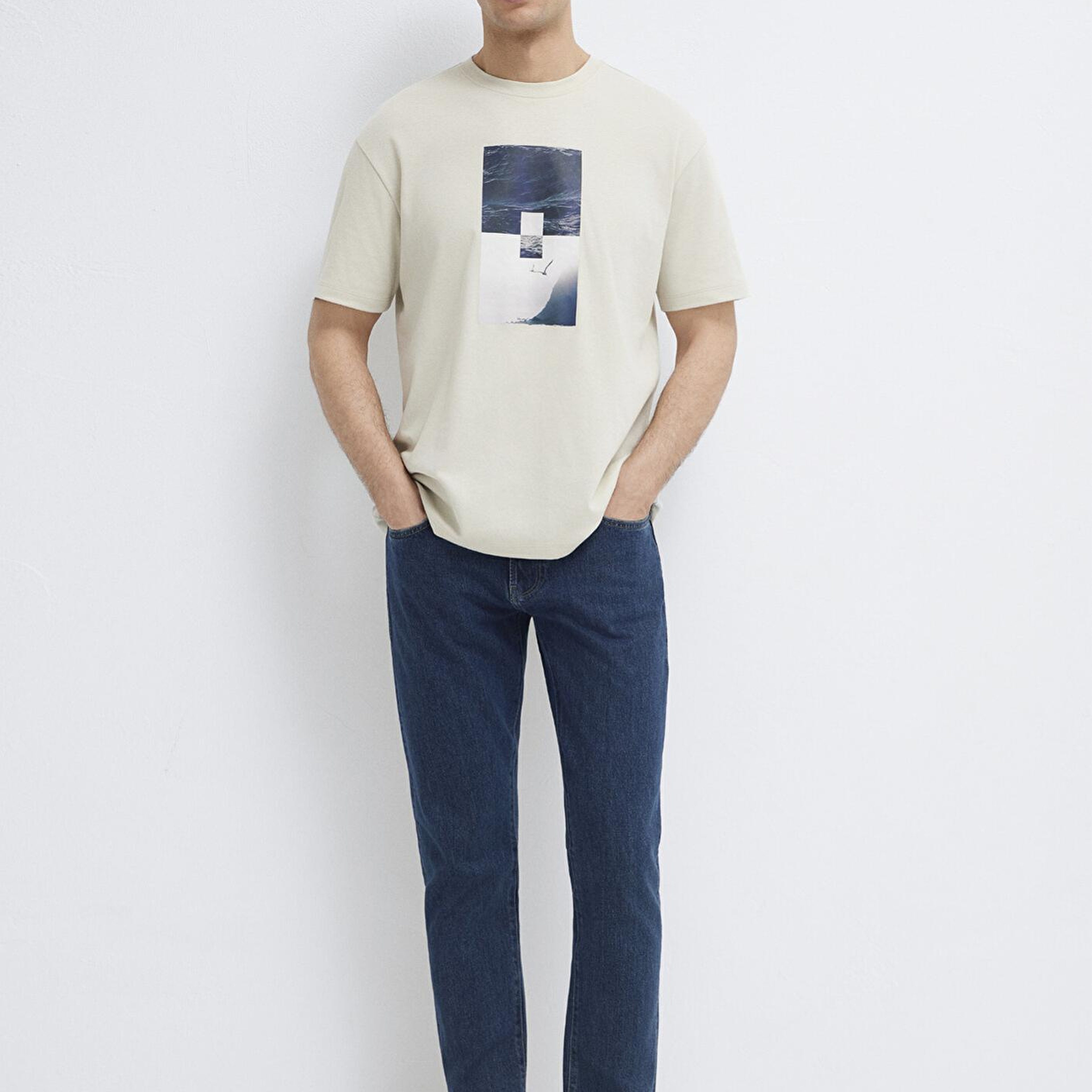 Mavi Baskılı Bej Tişört Loose Fit / Bol Rahat Kesim 0613601-70144