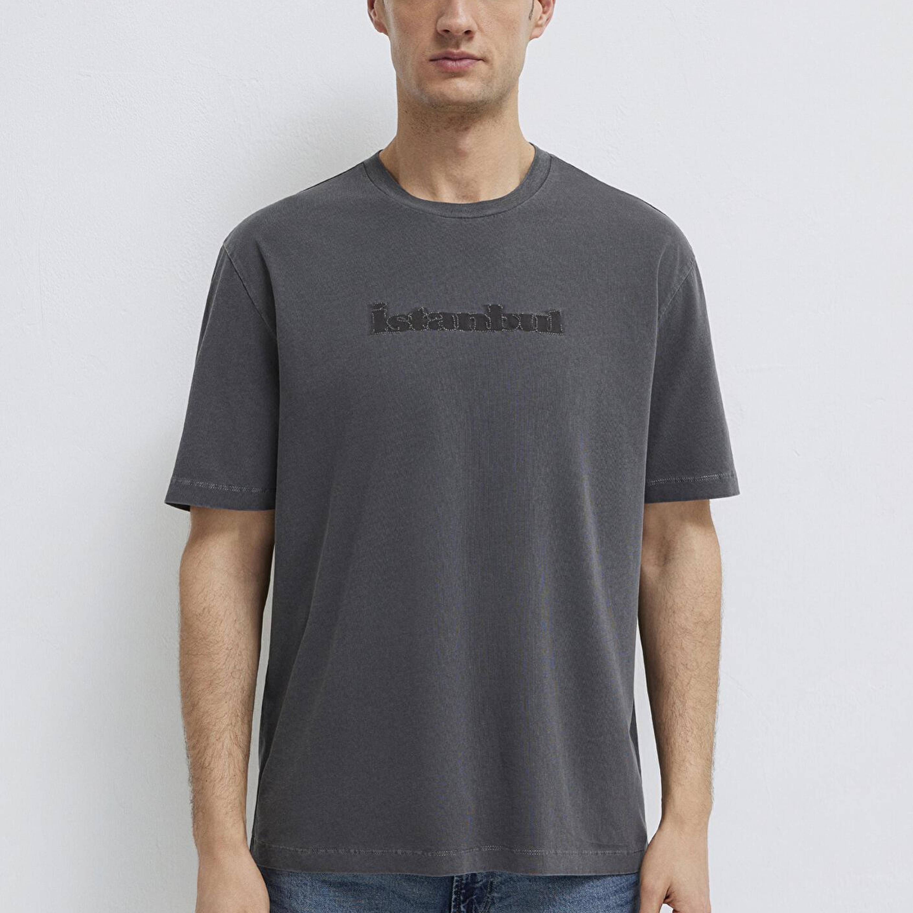 Mavi İstanbul Baskılı Antrasit Tişört Loose Fit / Bol Rahat Kesim 0613594-80106
