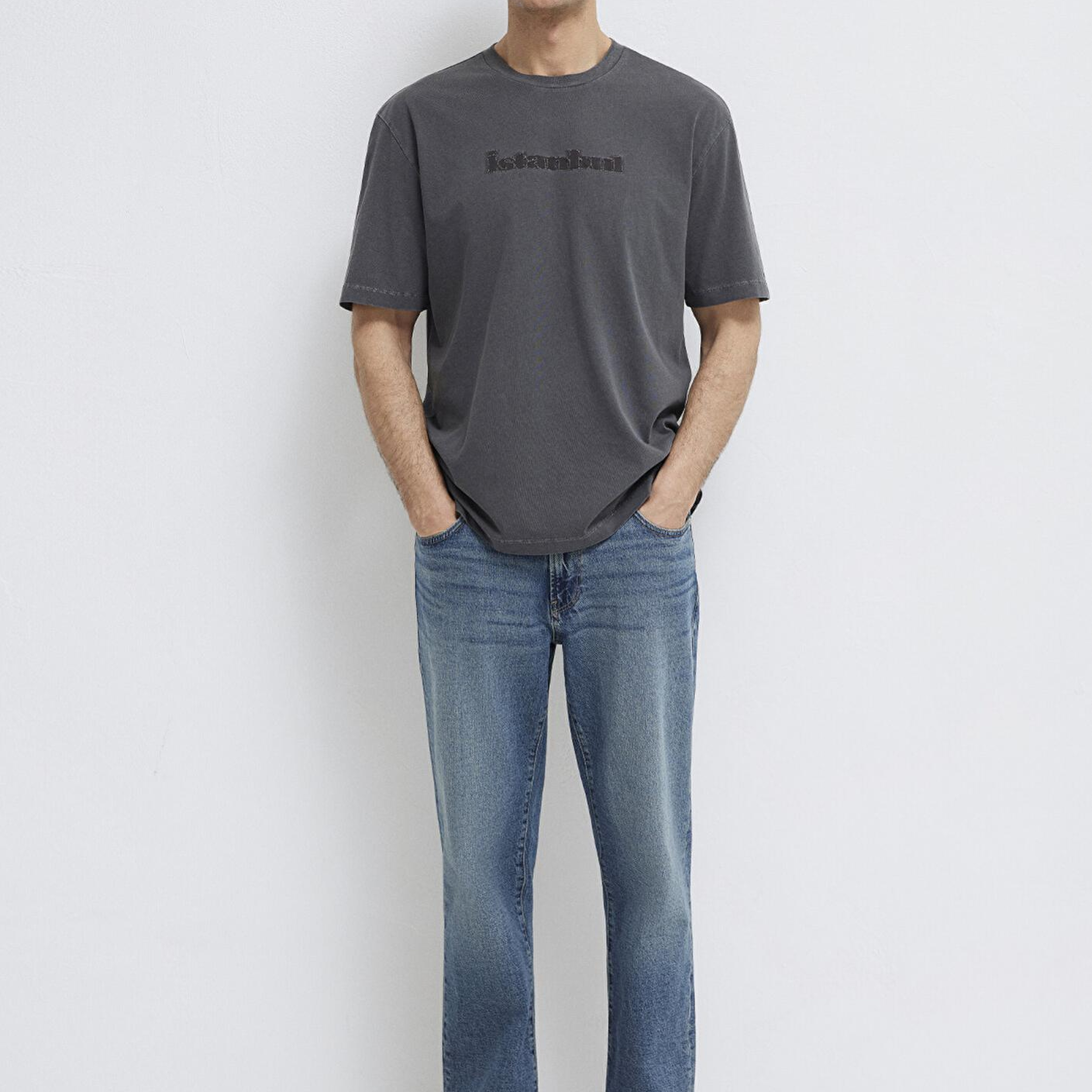 Mavi İstanbul Baskılı Antrasit Tişört Loose Fit / Bol Rahat Kesim 0613594-80106