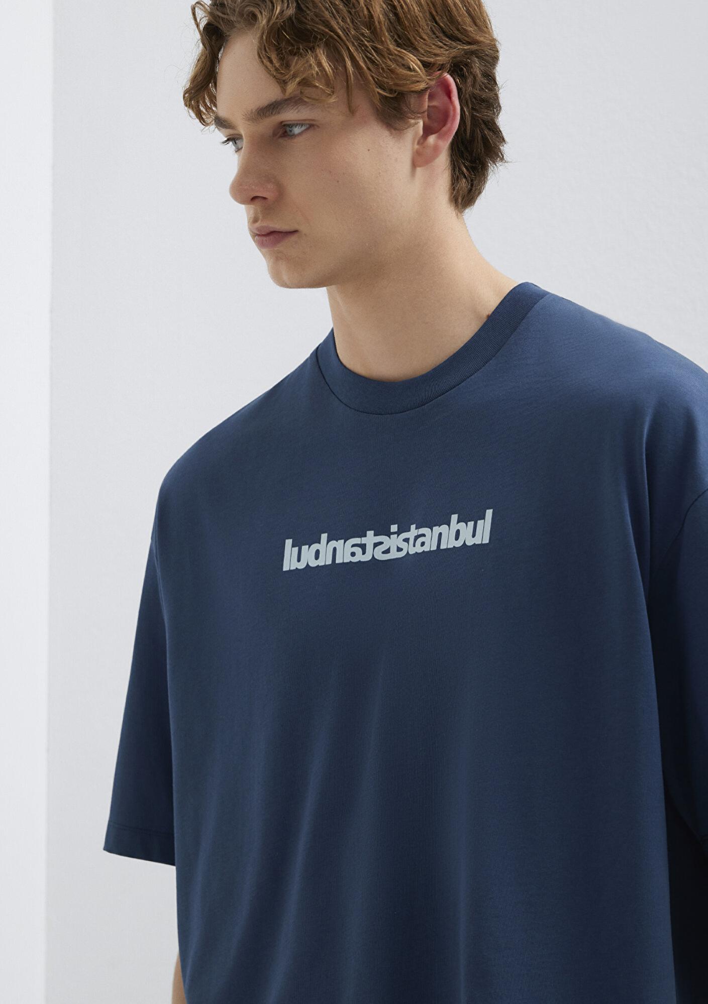 Mavi İstanbul Baskılı Mavi Tişört Oversize / Geniş Kesim 0613591-80790