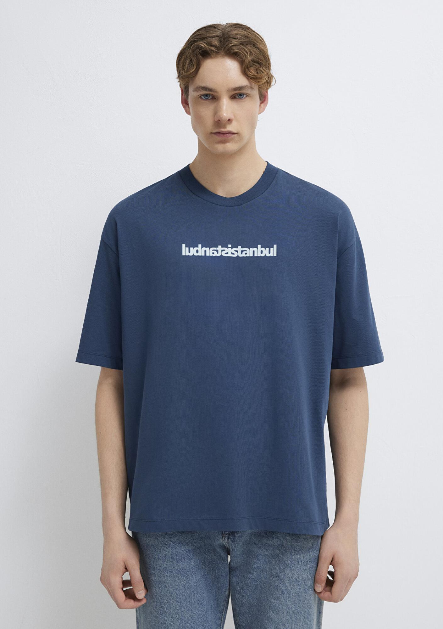 Mavi İstanbul Baskılı Mavi Tişört Oversize / Geniş Kesim 0613591-80790