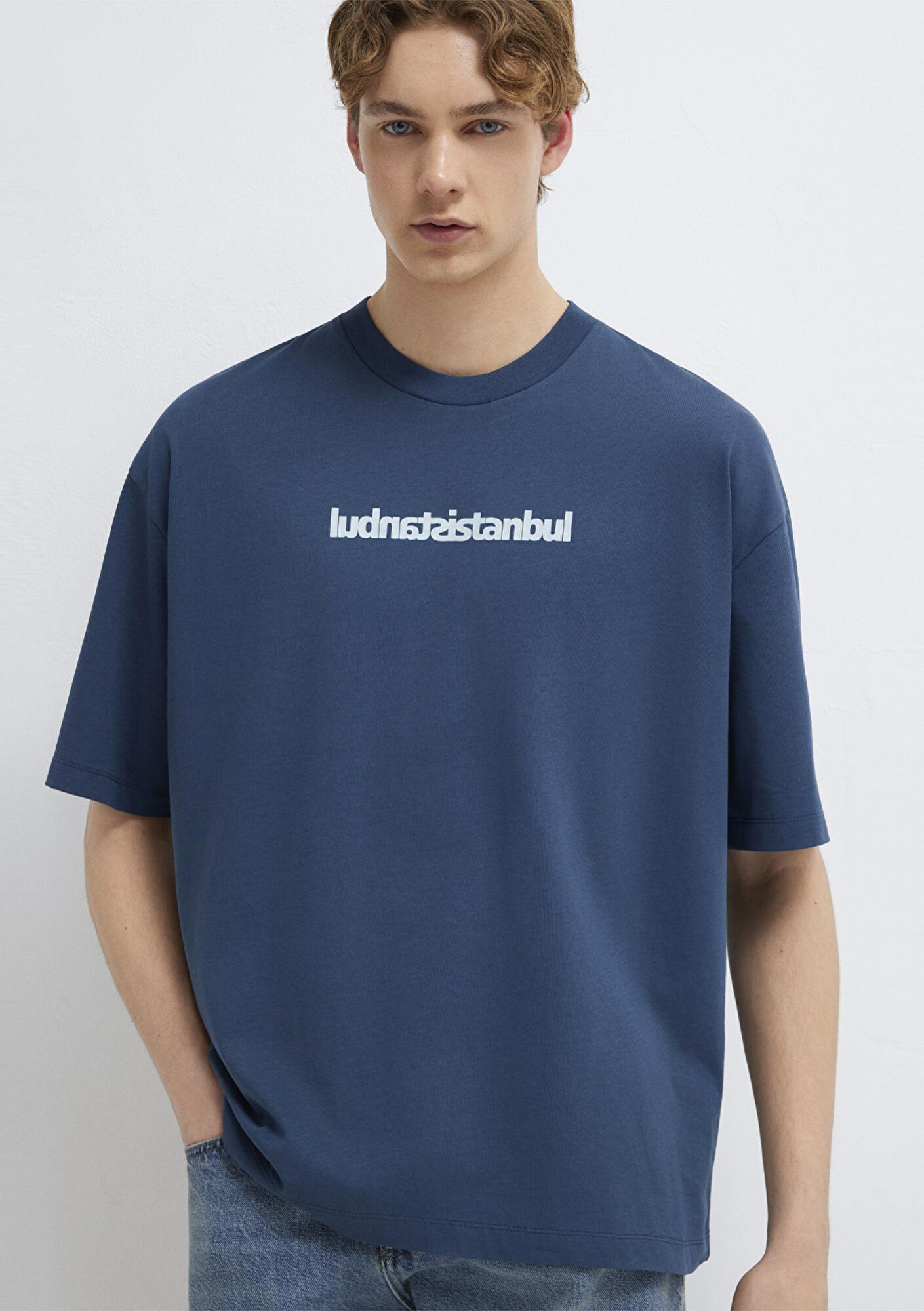 Mavi İstanbul Baskılı Mavi Tişört Oversize / Geniş Kesim 0613591-80790