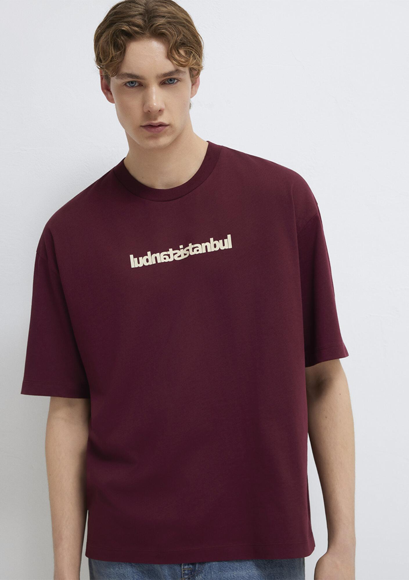 Mavi İstanbul Baskılı Bordo Tişört Oversize / Geniş Kesim 0613591-70426