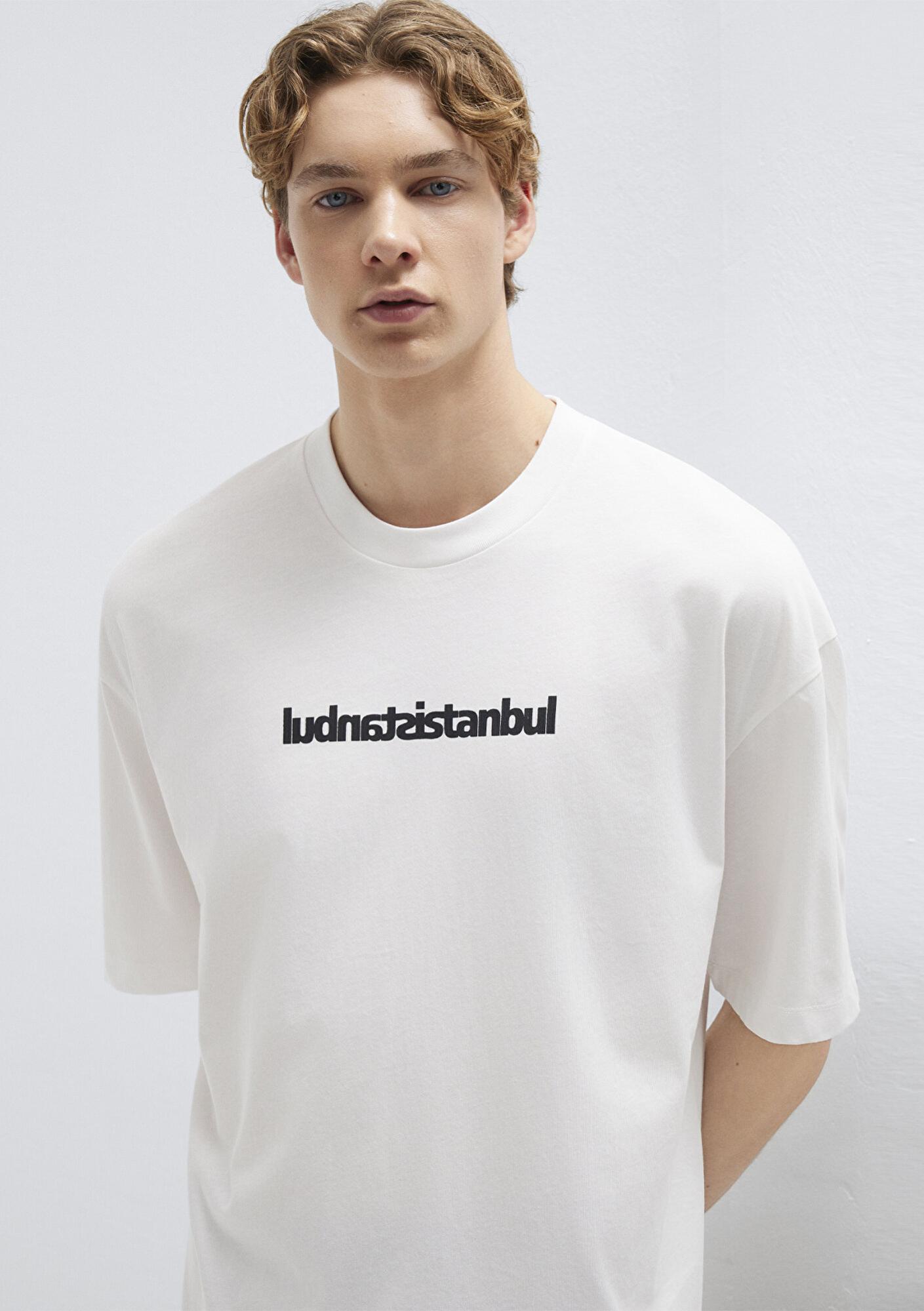 Mavi İstanbul Baskılı Ekru Tişört Oversize / Geniş Kesim 0613591-70057