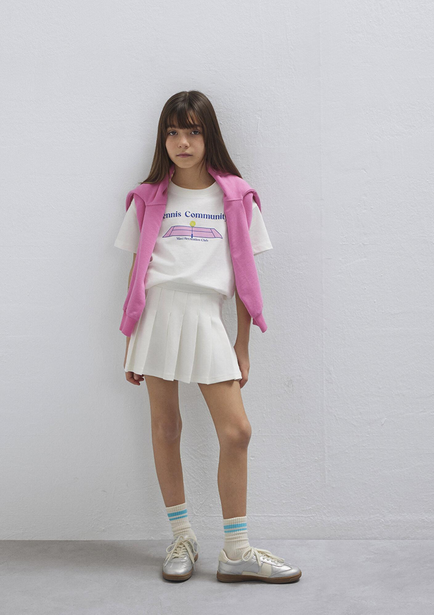 Mavi Pileli Ekru Şort Etek 7310006-70057