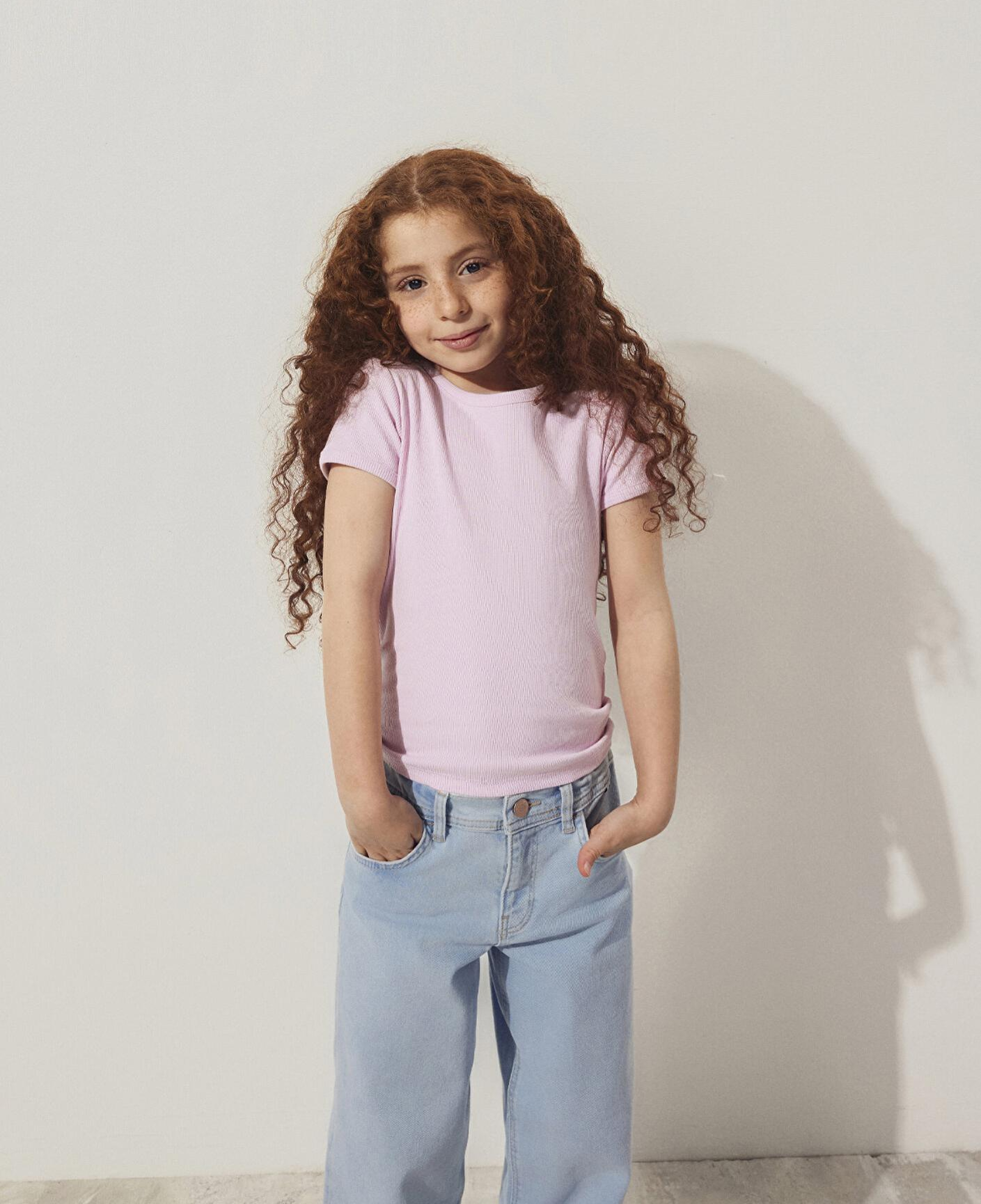 Mavi Fitilli Pembe Basic Tişört Fitted / Vücuda Oturan Kesim 7610260-86953