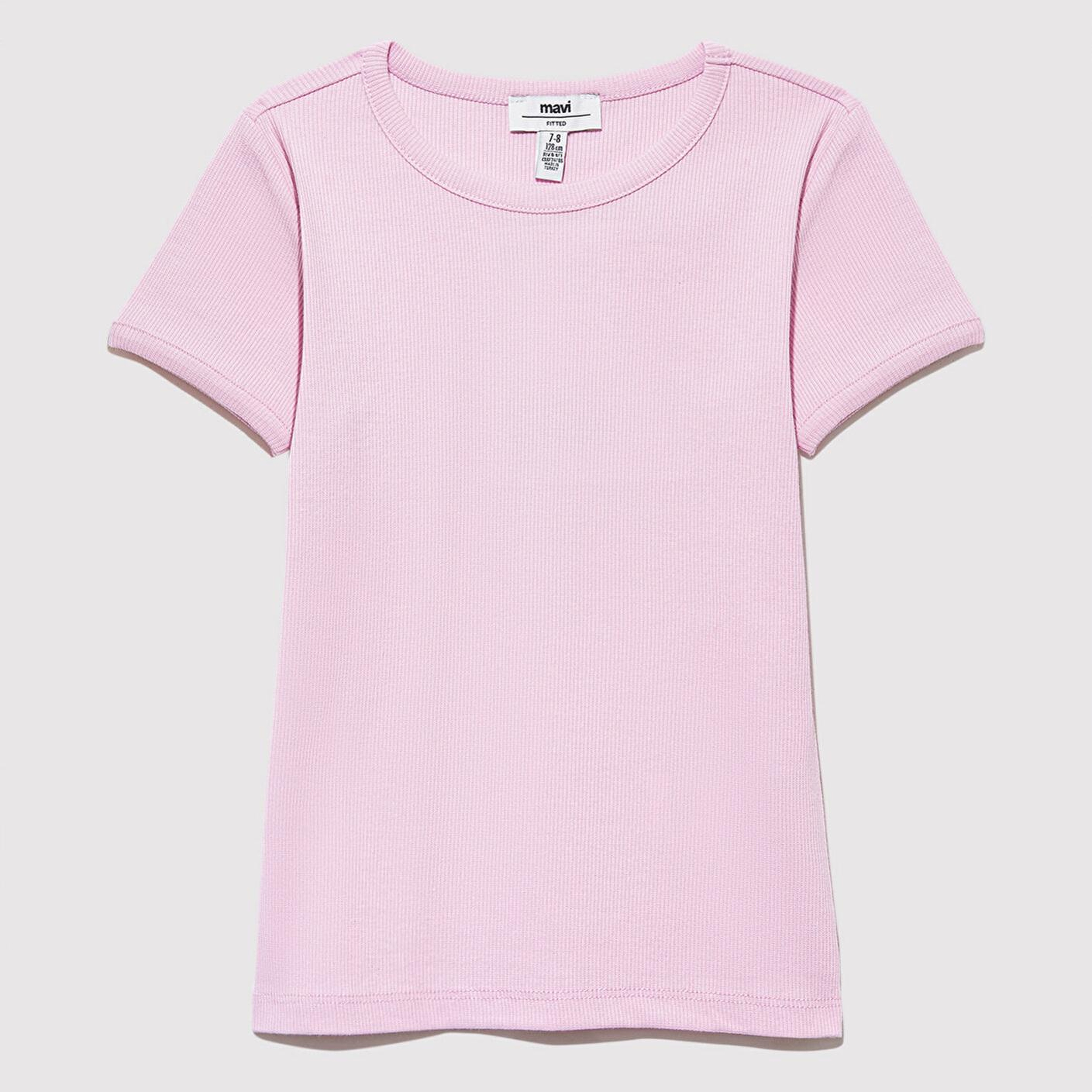 Mavi Fitilli Pembe Basic Tişört Fitted / Vücuda Oturan Kesim 7610260-86953