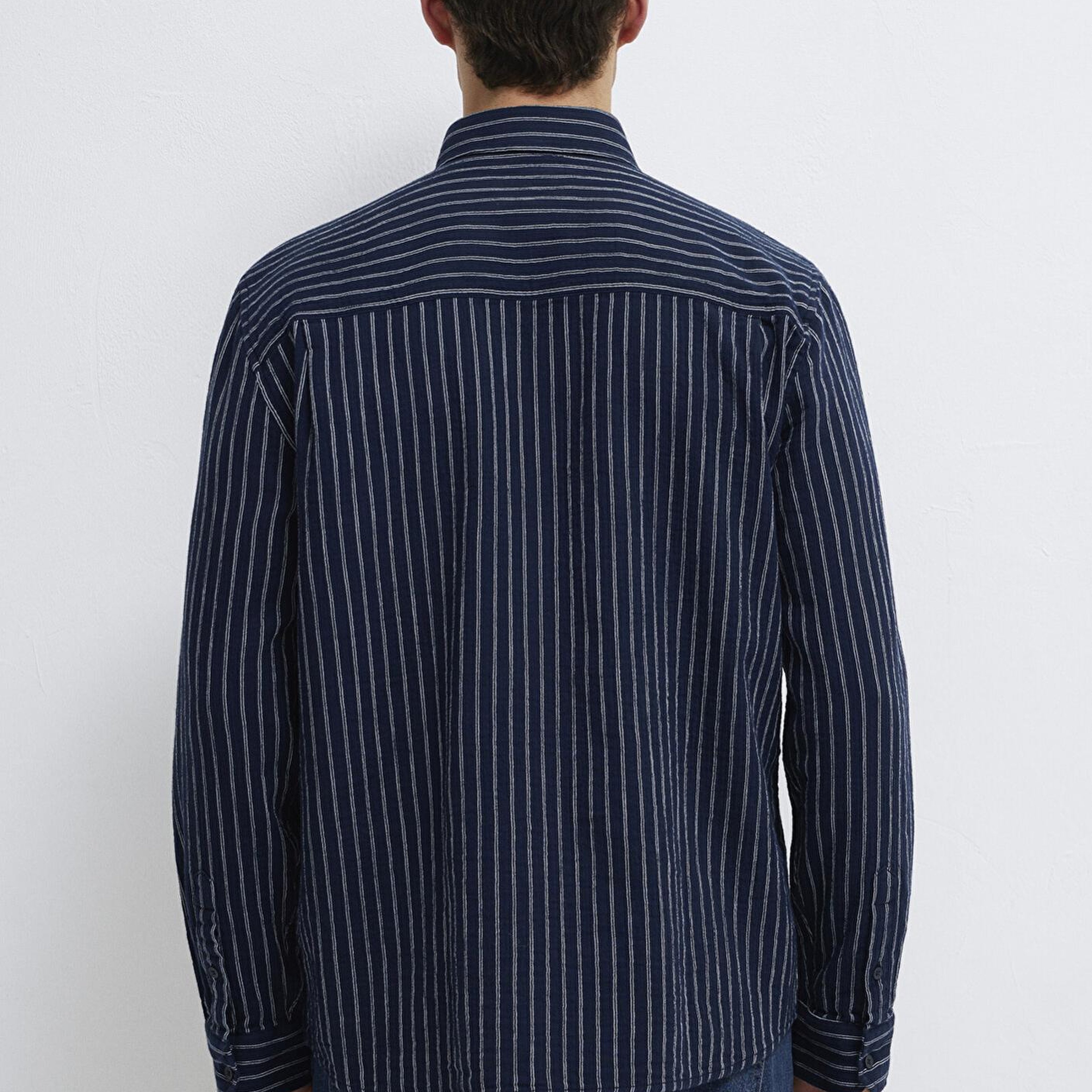 Mavi Çizgili Lacivert Gömlek Loose Fit / Bol Rahat Kesim 0211969-91617