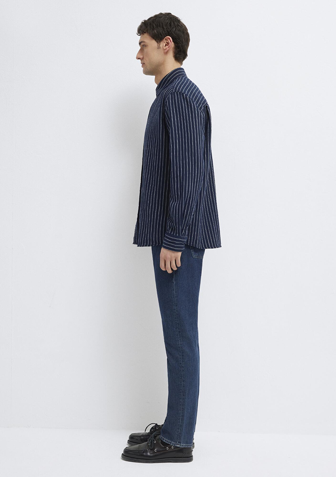 Mavi Çizgili Lacivert Gömlek Loose Fit / Bol Rahat Kesim 0211969-91617