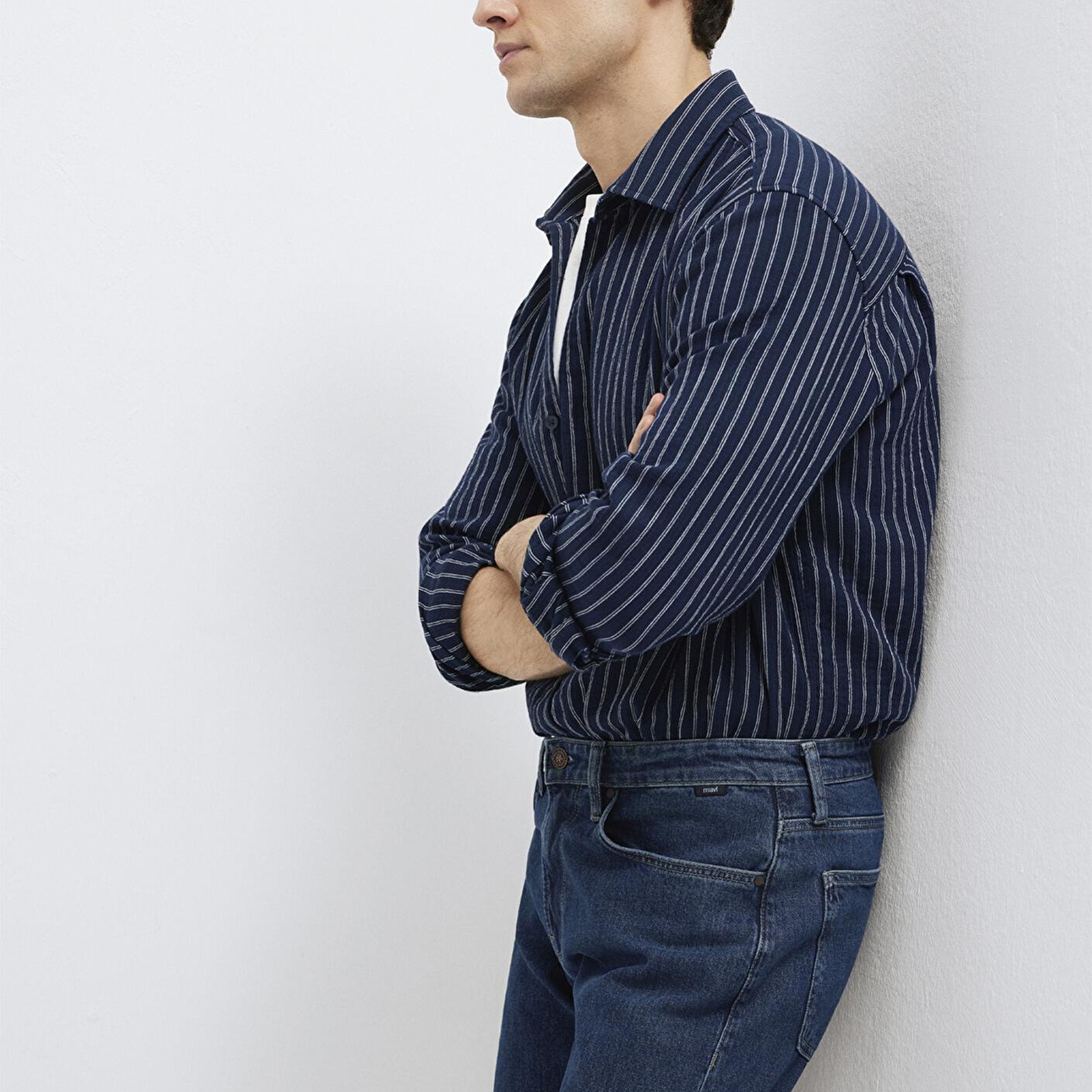 Mavi Çizgili Lacivert Gömlek Loose Fit / Bol Rahat Kesim 0211969-91617