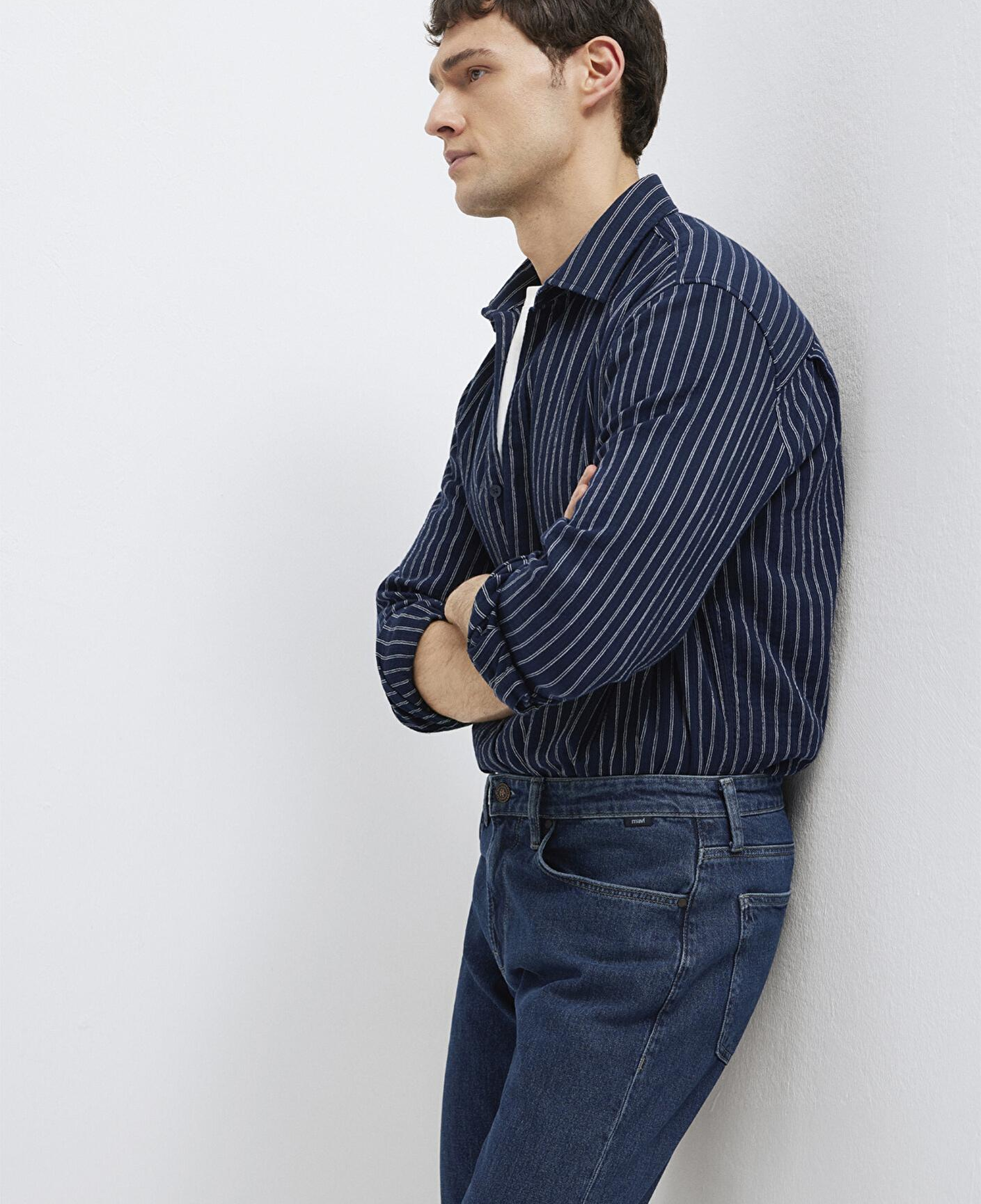 Mavi Çizgili Lacivert Gömlek Loose Fit / Bol Rahat Kesim 0211969-91617