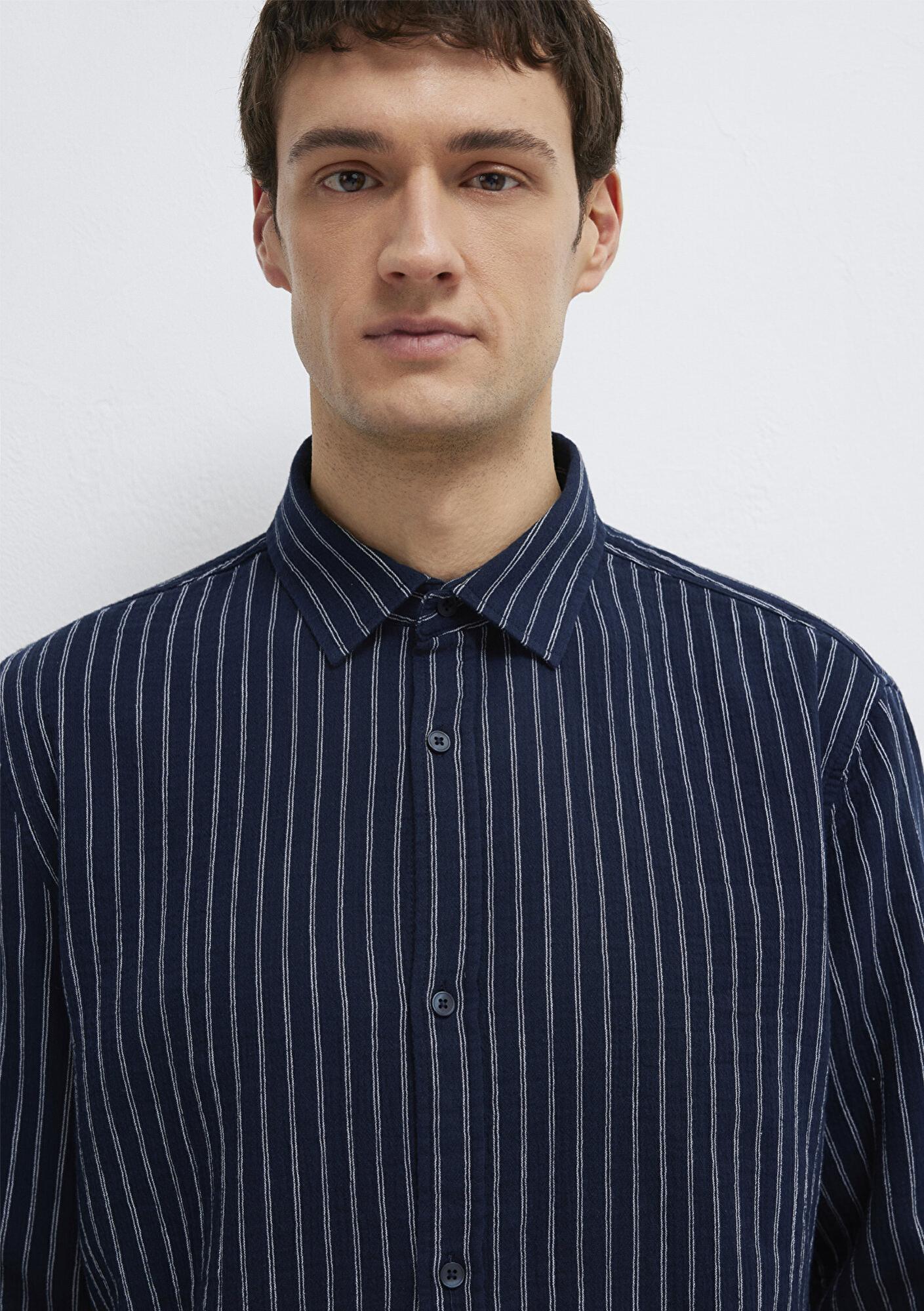 Mavi Çizgili Lacivert Gömlek Loose Fit / Bol Rahat Kesim 0211969-91617