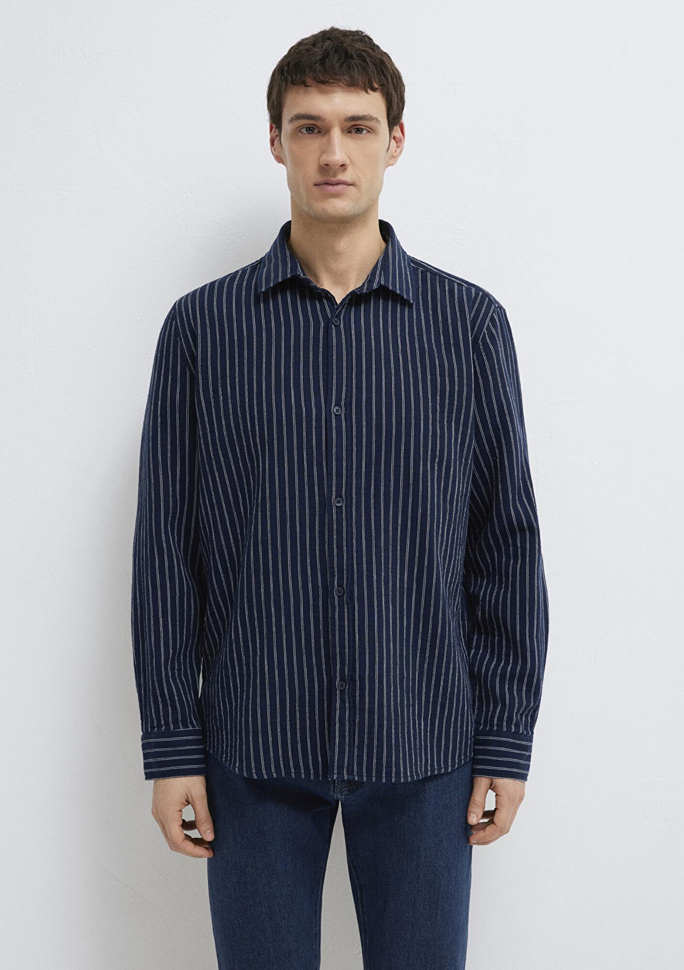 Mavi Çizgili Lacivert Gömlek Loose Fit / Bol Rahat Kesim 0211969-91617