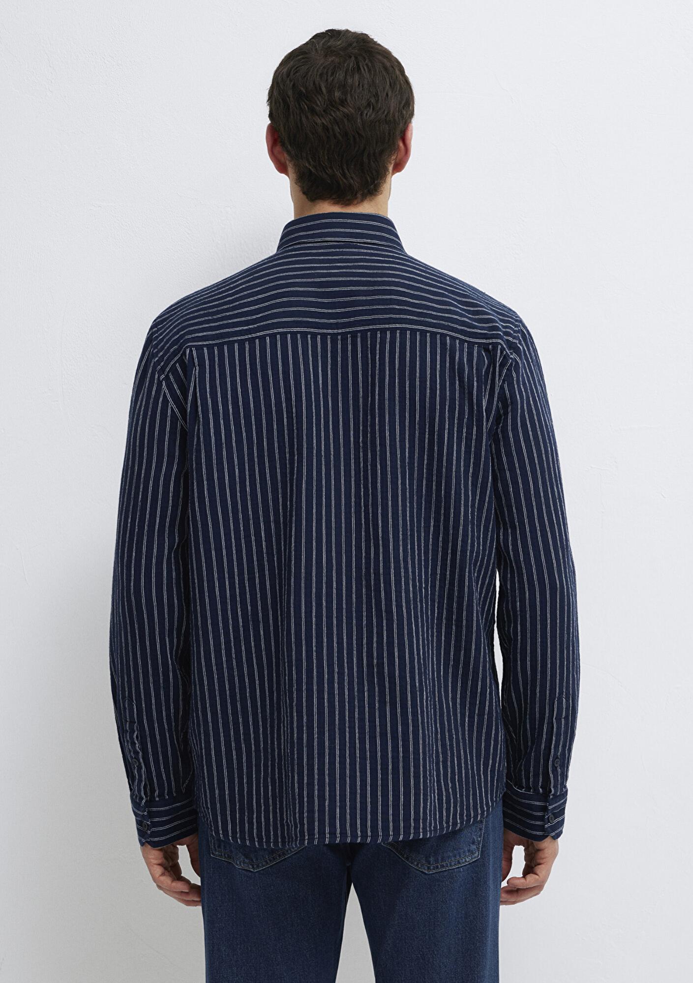 Mavi Çizgili Lacivert Gömlek Loose Fit / Bol Rahat Kesim 0211969-91617