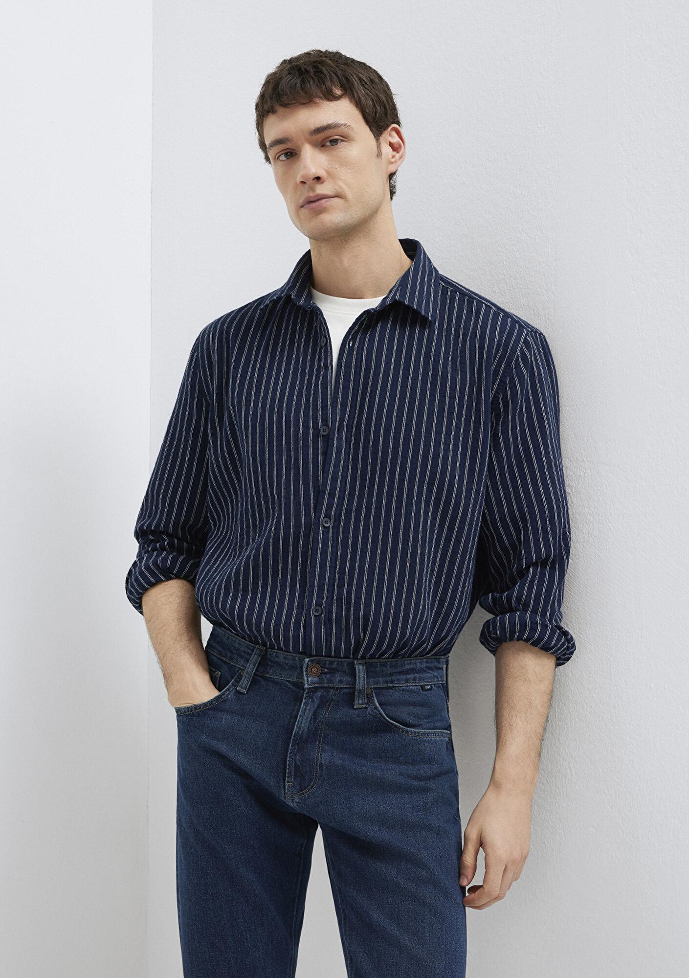 Mavi Çizgili Lacivert Gömlek Loose Fit / Bol Rahat Kesim 0211969-91617