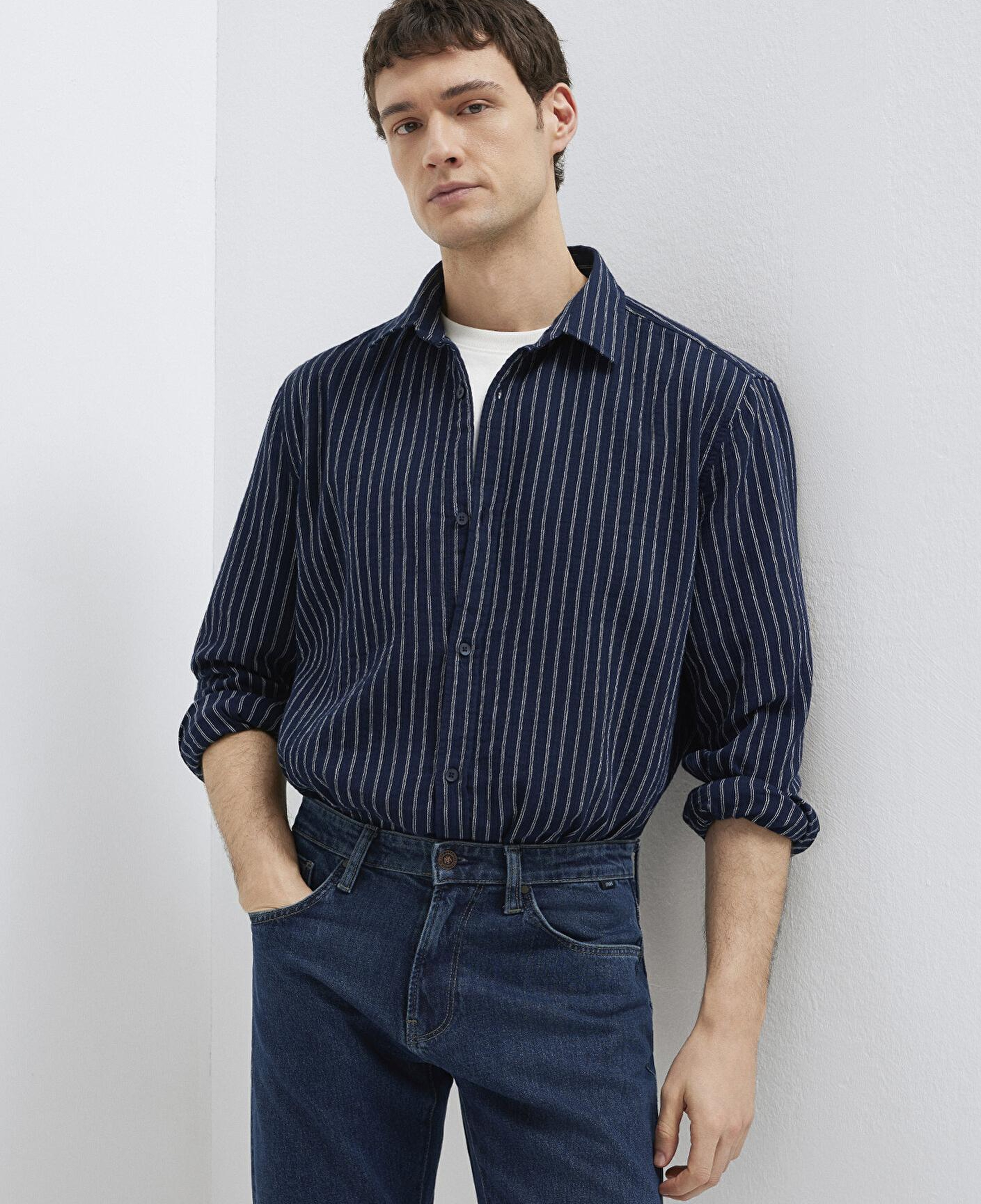 Mavi Çizgili Lacivert Gömlek Loose Fit / Bol Rahat Kesim 0211969-91617