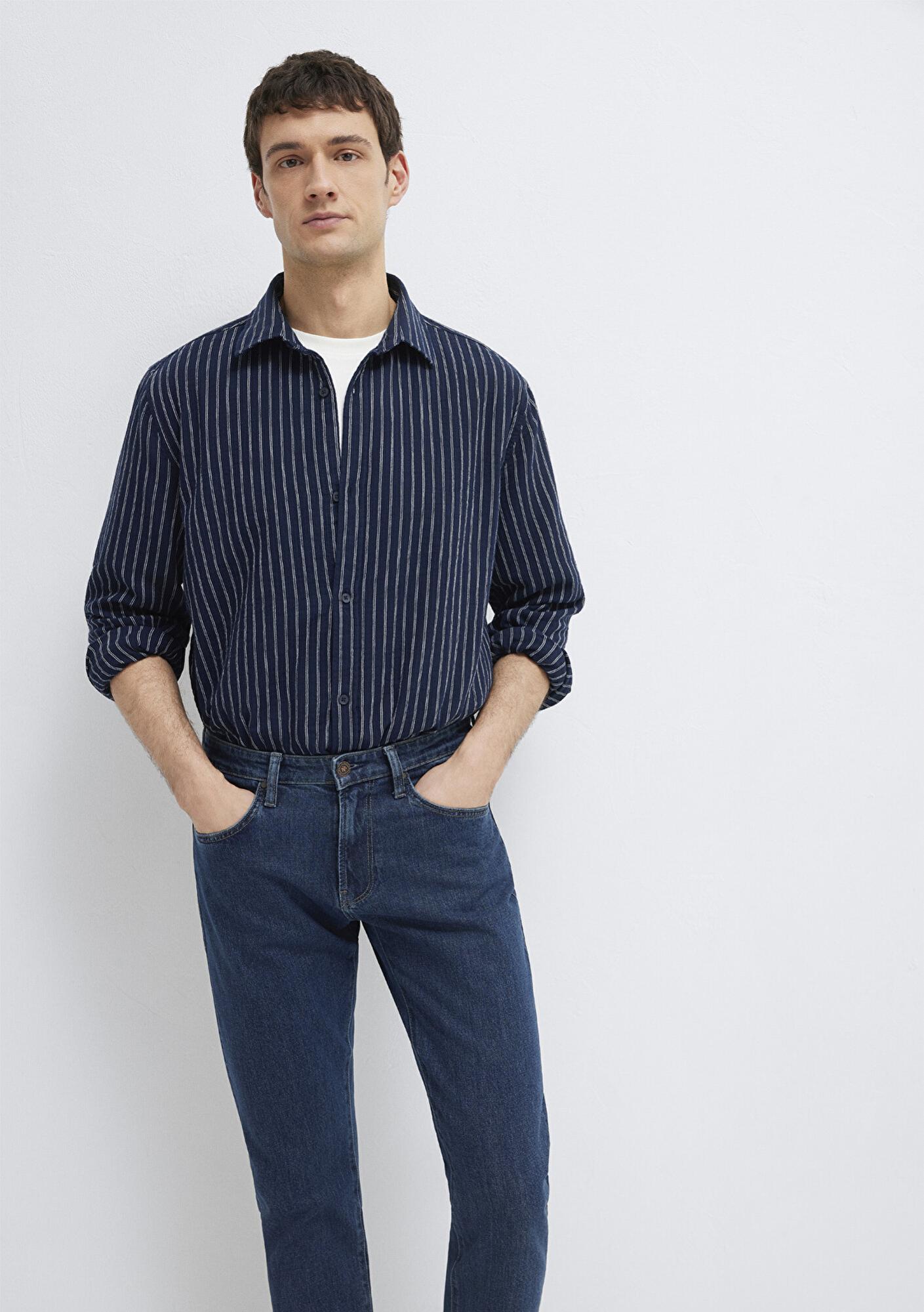 Mavi Çizgili Lacivert Gömlek Loose Fit / Bol Rahat Kesim 0211969-91617