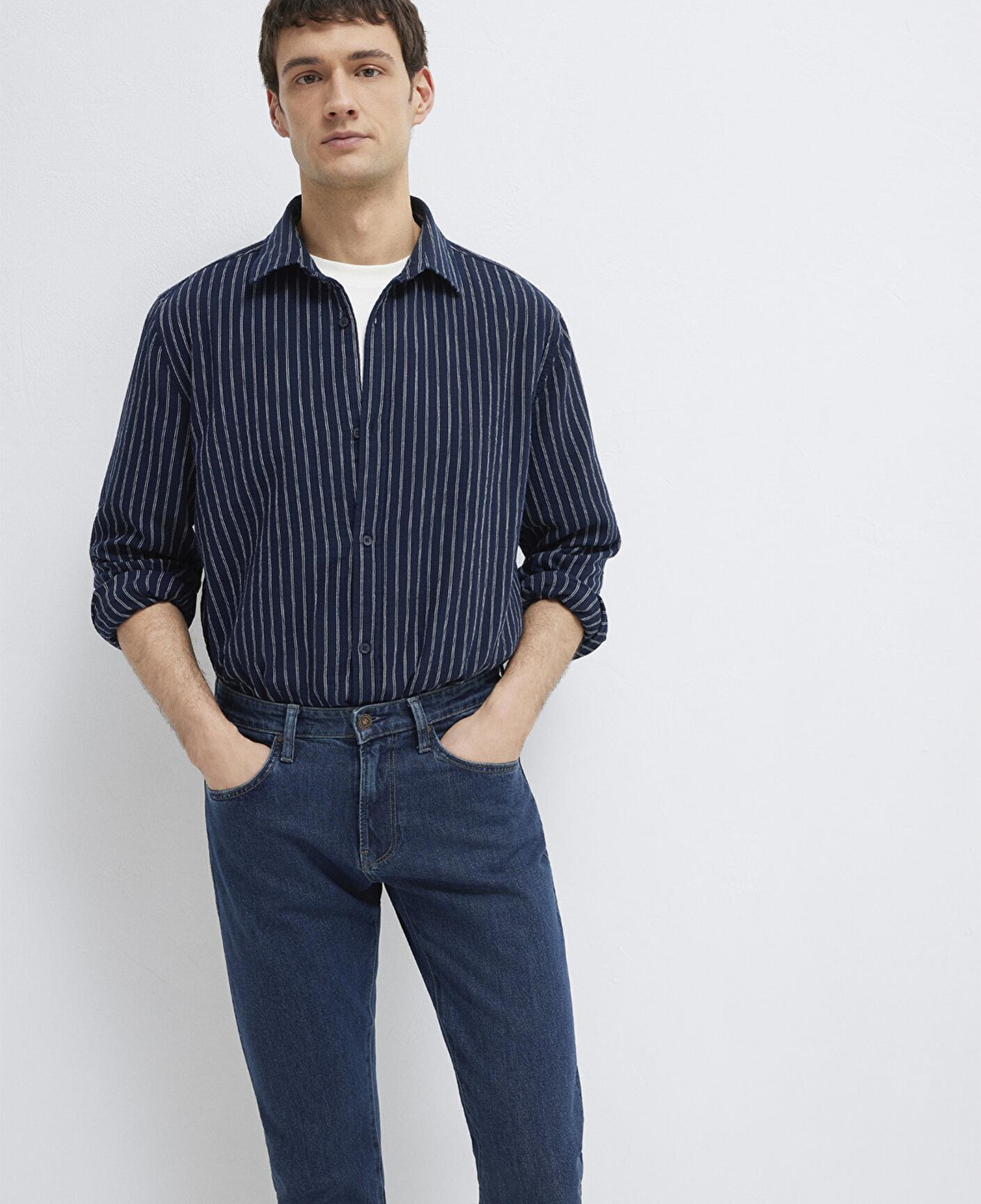 Mavi Çizgili Lacivert Gömlek Loose Fit / Bol Rahat Kesim 0211969-91617