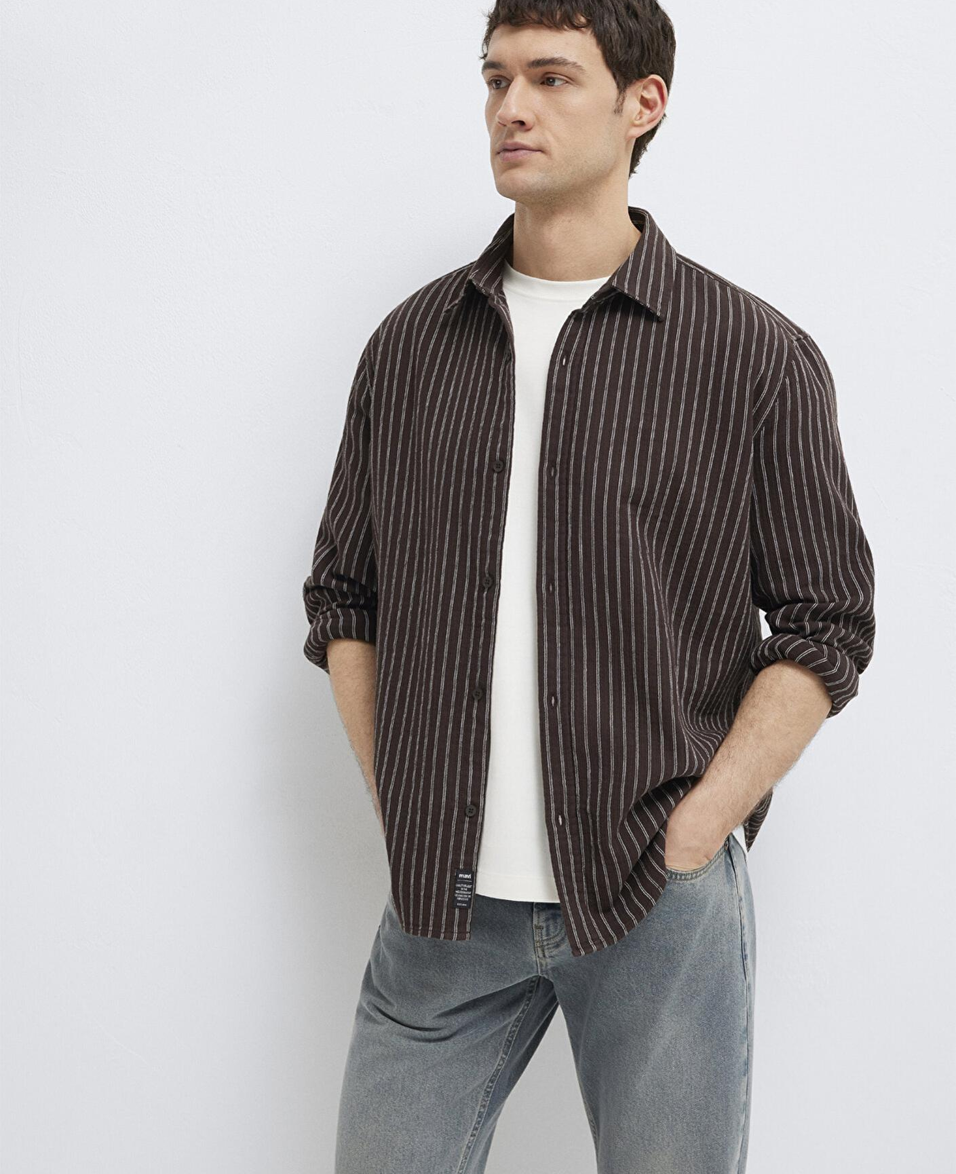 Mavi Çizgili Kahverengi Gömlek Loose Fit / Bol Rahat Kesim 0211969-91616