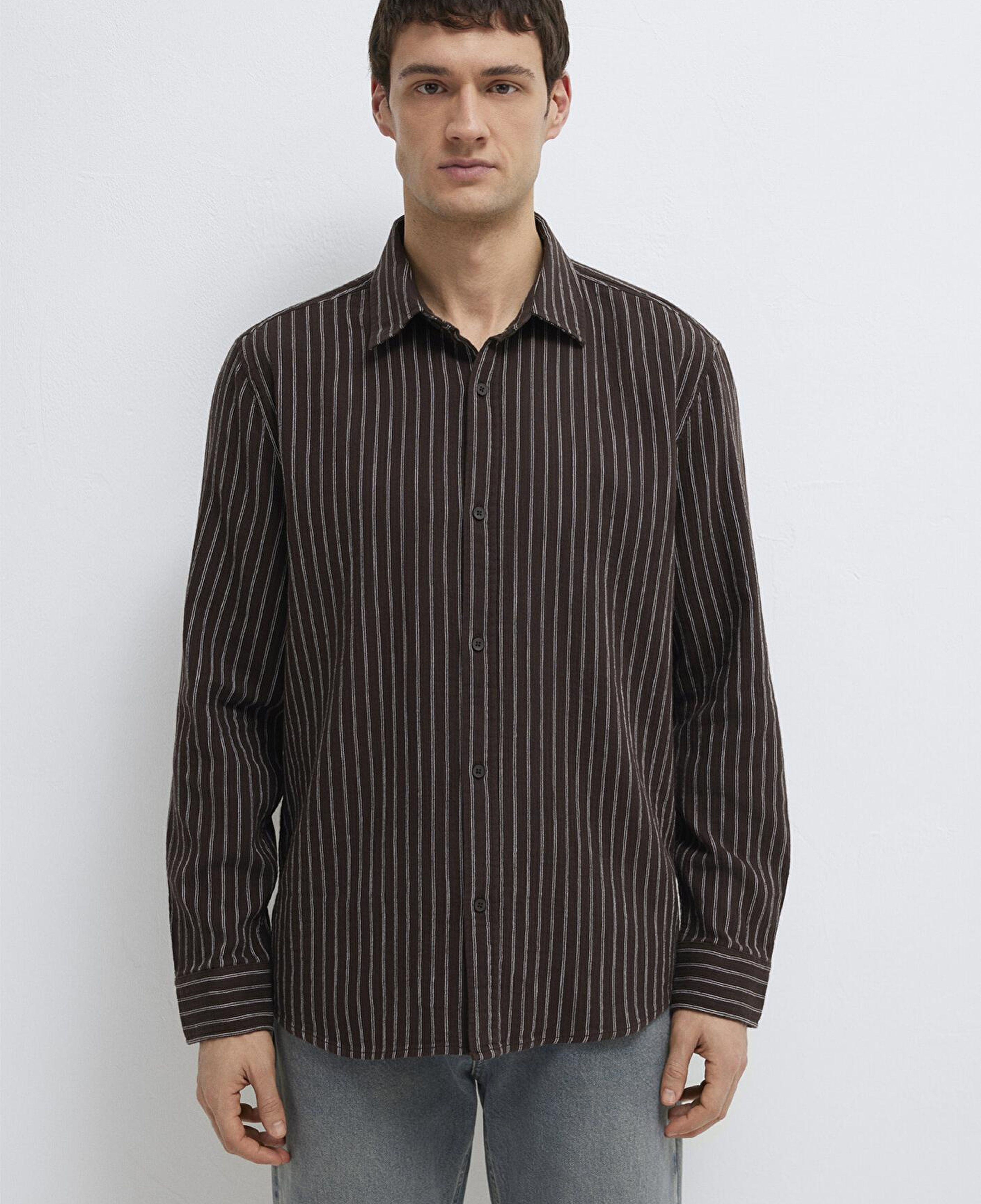 Mavi Çizgili Kahverengi Gömlek Loose Fit / Bol Rahat Kesim 0211969-91616