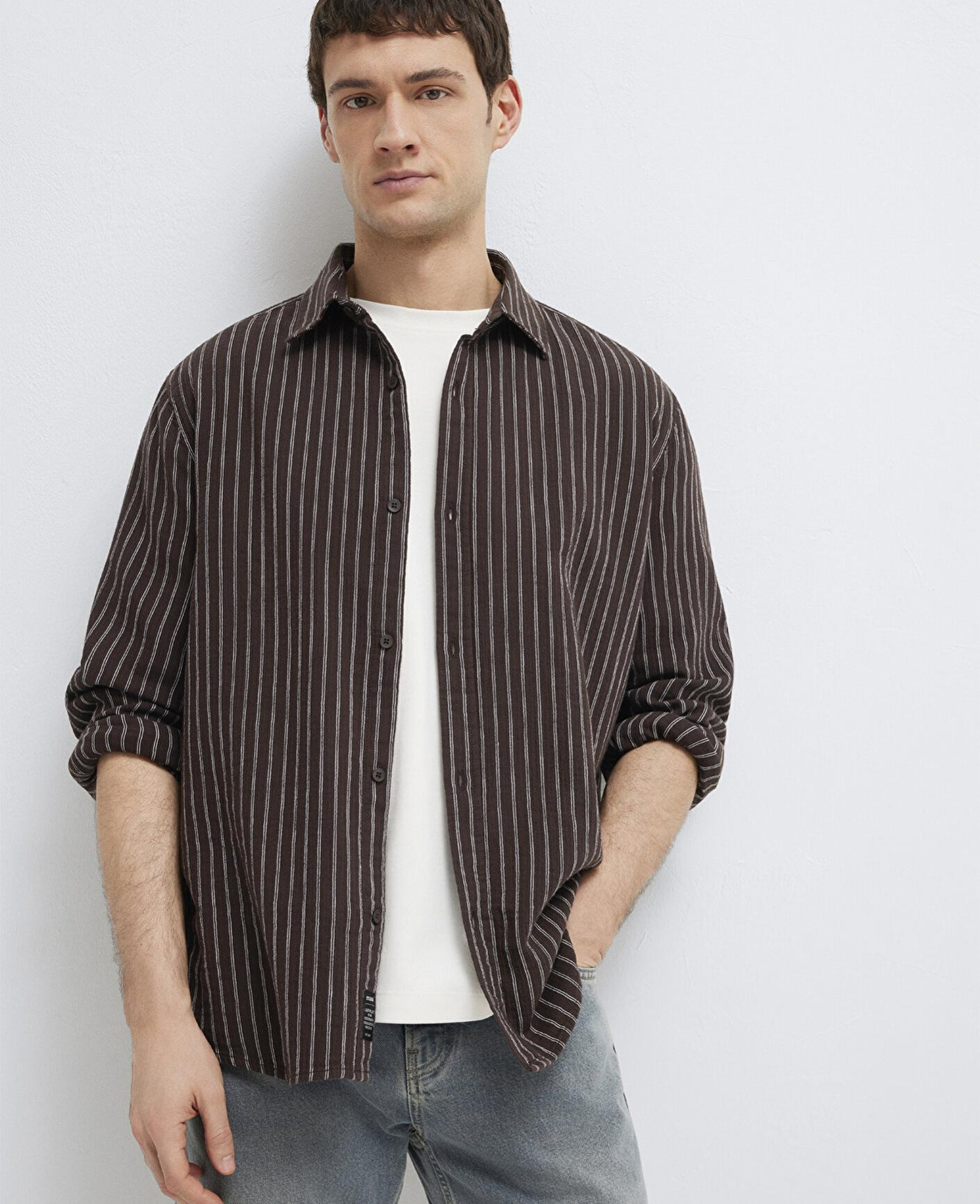 Mavi Çizgili Kahverengi Gömlek Loose Fit / Bol Rahat Kesim 0211969-91616