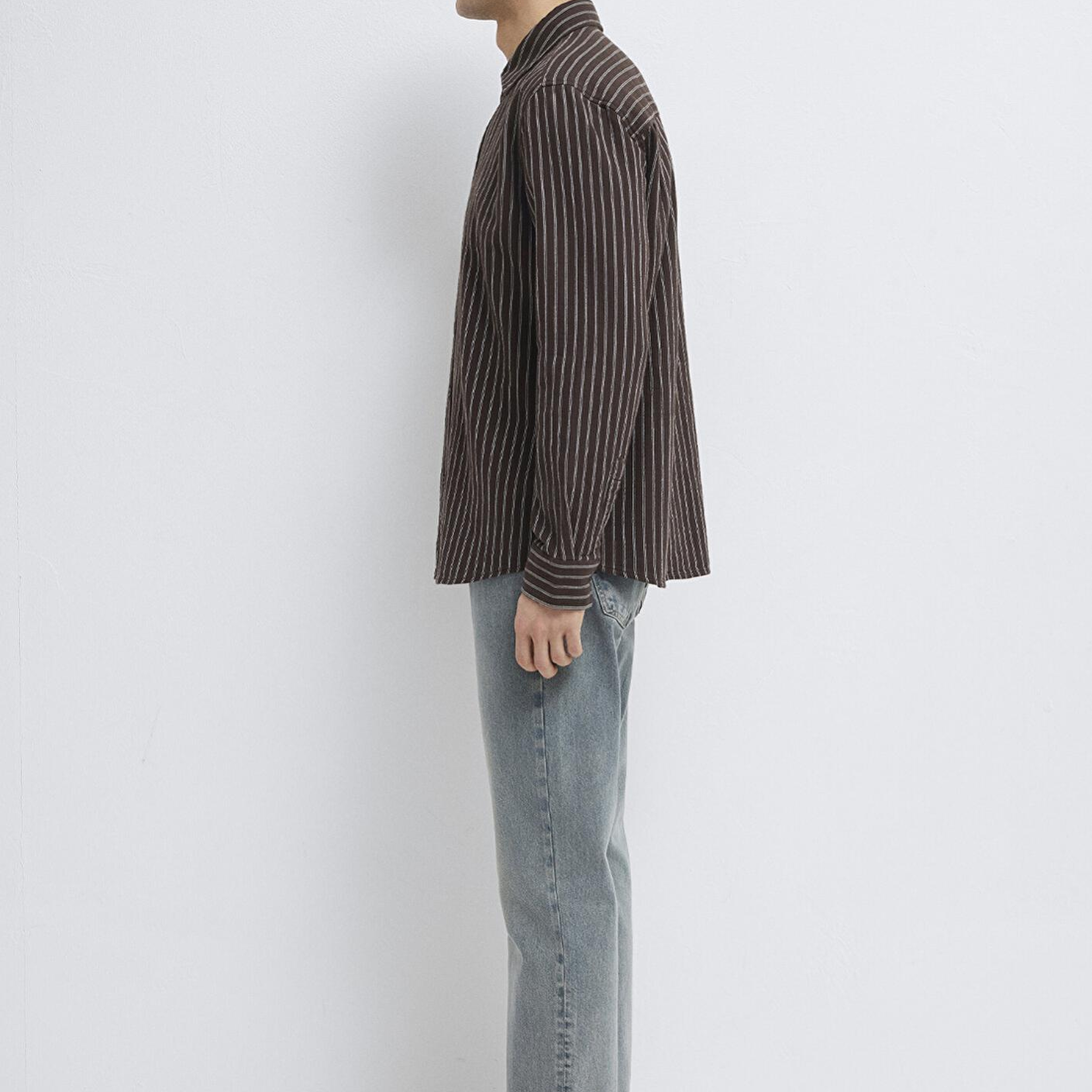 Mavi Çizgili Kahverengi Gömlek Loose Fit / Bol Rahat Kesim 0211969-91616