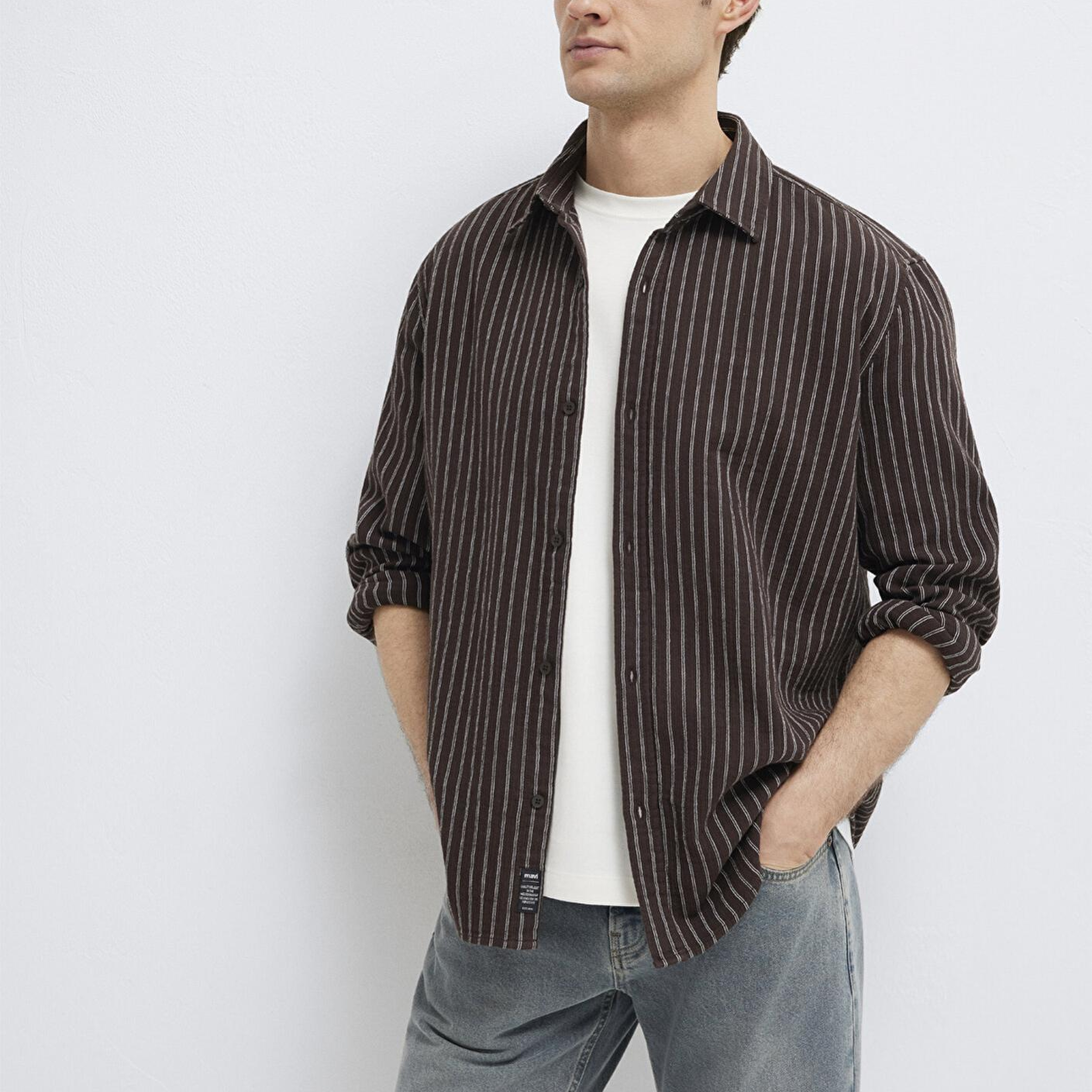 Mavi Çizgili Kahverengi Gömlek Loose Fit / Bol Rahat Kesim 0211969-91616